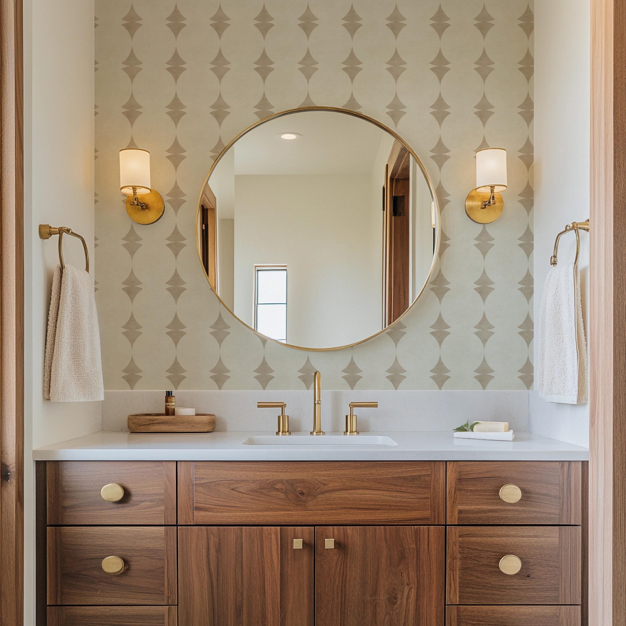 wallpaper in removable peel and stick or pre-pasted in neutral off white and warm beige stripe with a mid century modern art deco look. Perfect for coastal, MCM, glam and vintage inspired spaces for bathroom accent wall, powder room, living room, dining room, bedroom or hallway. A subtle understated timeless design.