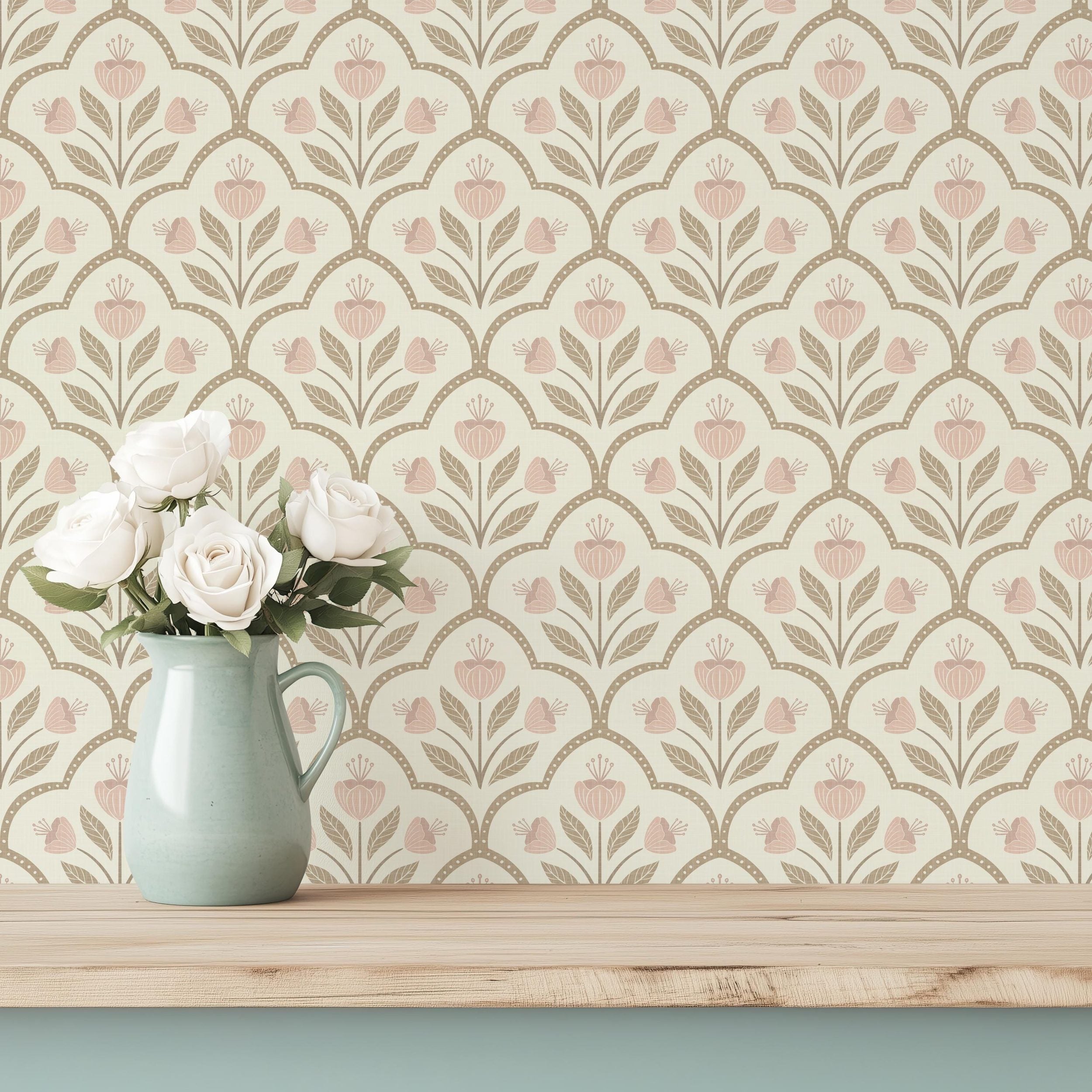Floral Medallion Wallpaper - Pink & White wallpaper available in peel and stick (removable), prepasted, and traditional nonpasted / unpasted