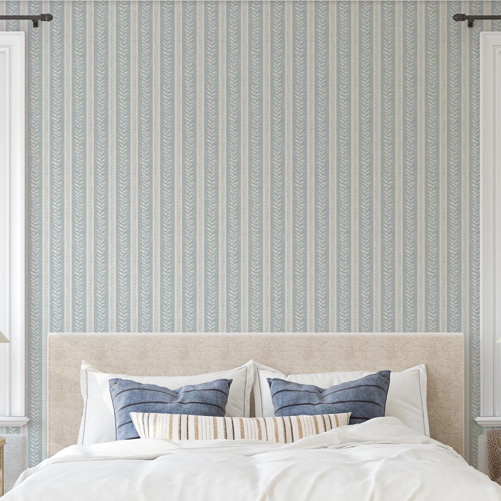 wallpaper peel and stick or prepasted in light blue and white botanical stripe for modern coastal farmhouse and french country interiors. Perfect for bathroom, powder room, or baby nursery accent walls. Light faux linen texture with tropical vine stripe for a timeless look.