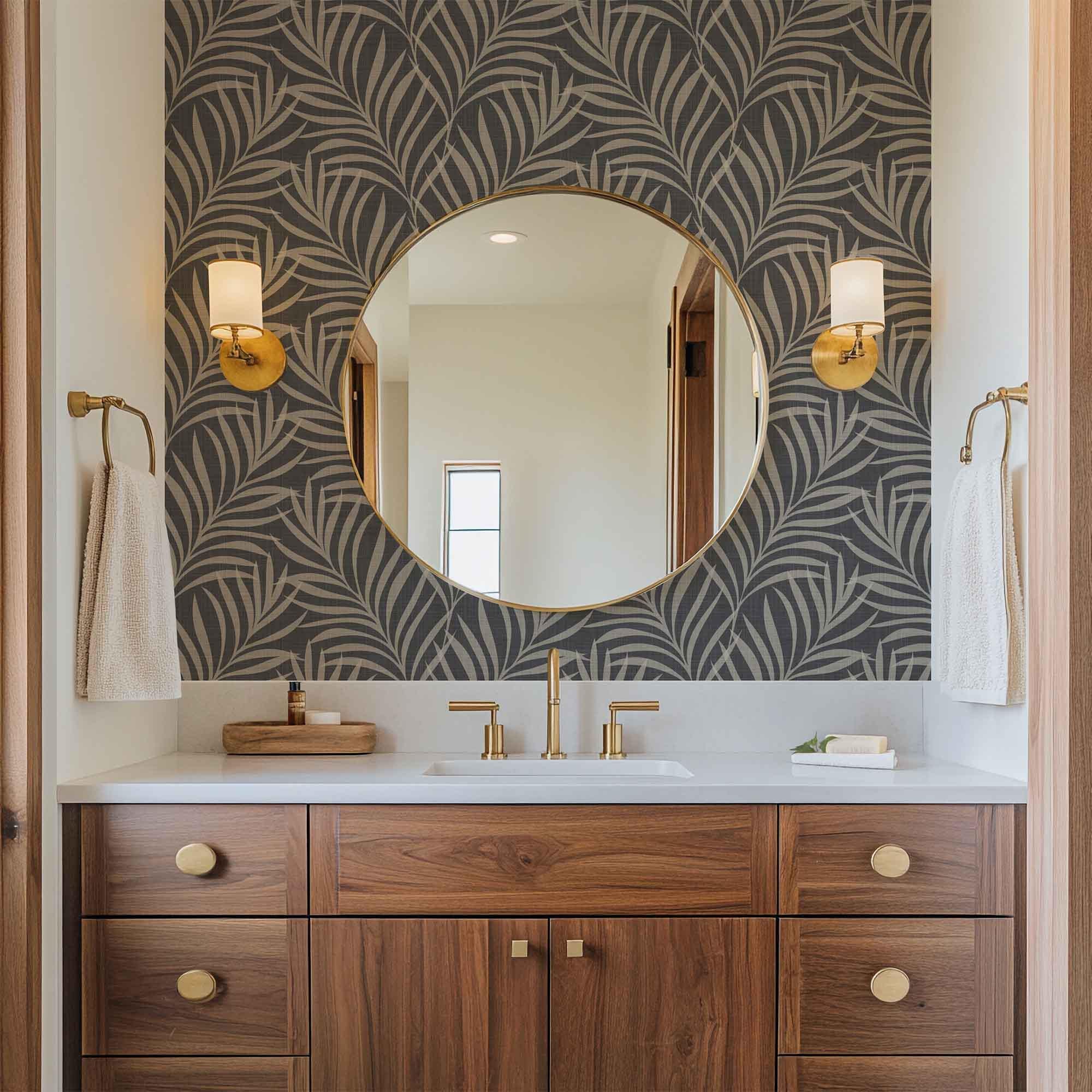 wallpaper removable peel and stick or renter friendly pre-pasted in moody tropical boho palm leaf fronds on charcoal back with faux linen texture. For bathroom, powder room, dark botanical bedroom, dining room, or entry way.