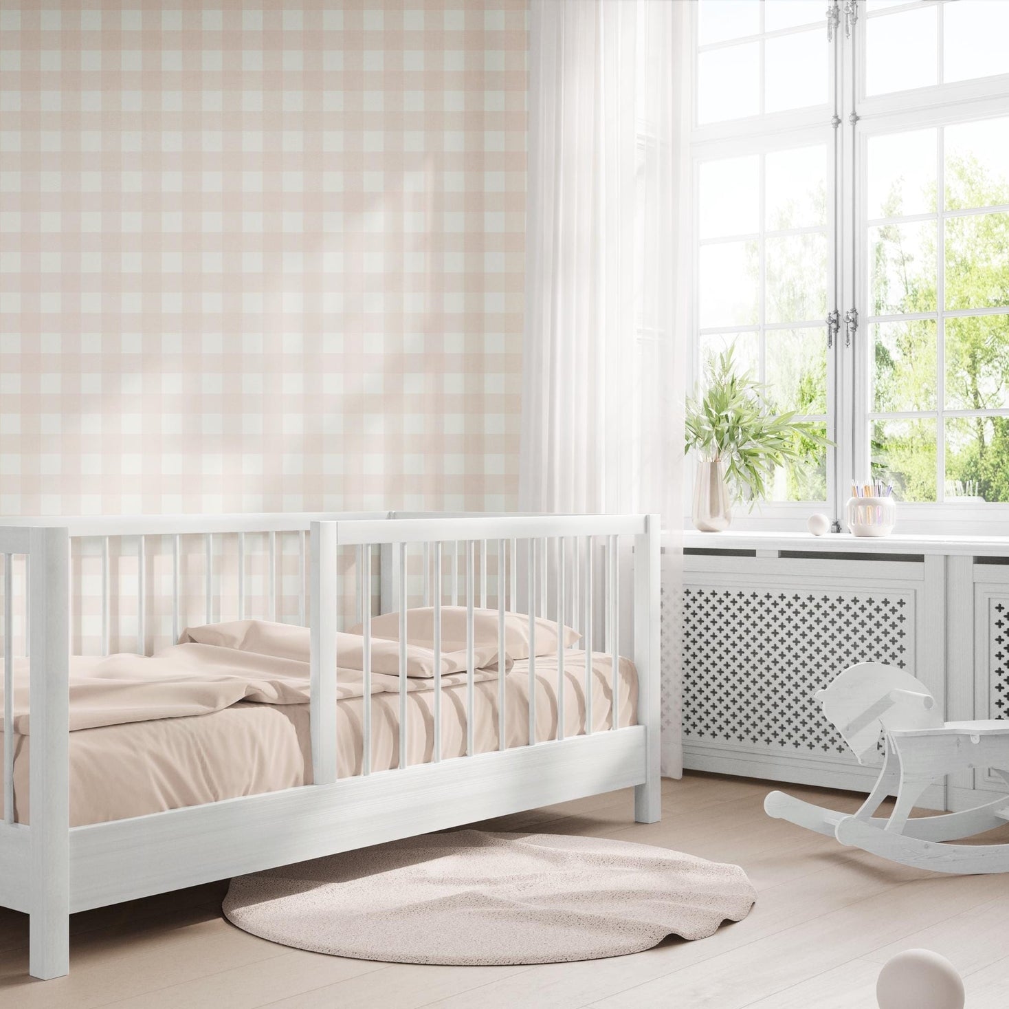 wallpaper removable peel and stick or prepasted pink baby girl nursery small gingham. girly coquette pastel print for sweet tween, teen or feminine bedroom accent or statement wall.