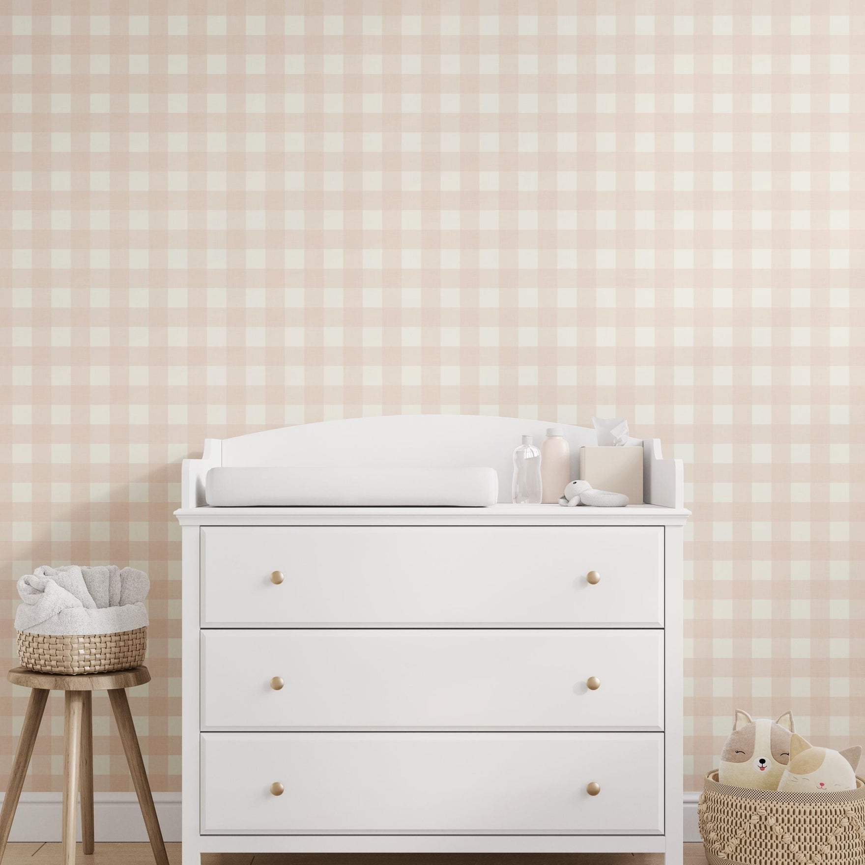 wallpaper removable peel and stick or prepasted pink baby girl nursery small gingham. girly coquette pastel print for sweet tween, teen or feminine bedroom accent or statement wall.