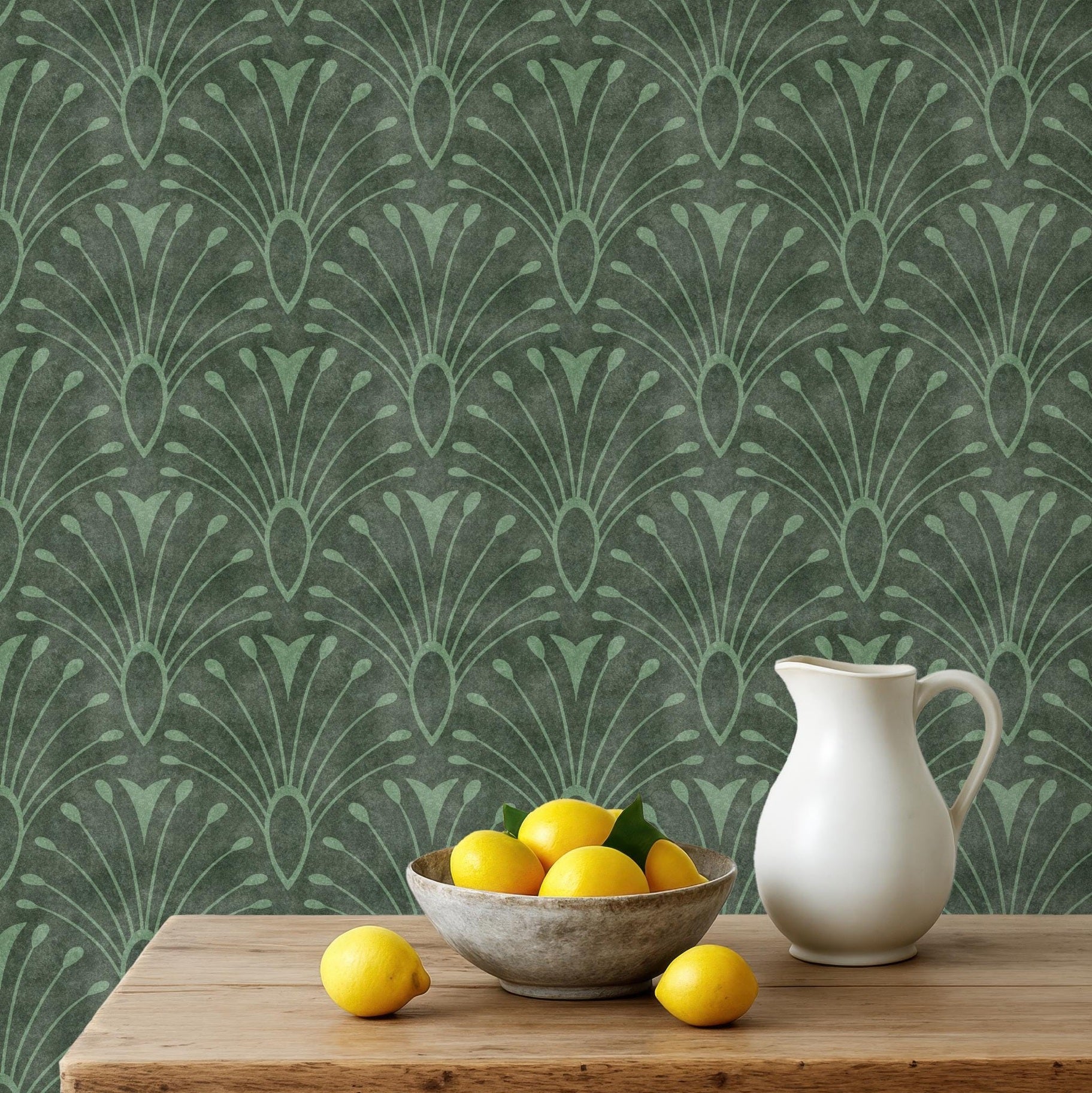 wallpaper peel and stick or prepasted shown in dark emerald sage green with abstract floral fan pattern. An art deco mid century modern moody botanical moroccan inspired tile like scallop pattern perfect for bathroom, bedroom, entryway, office, or dining room accent wall.