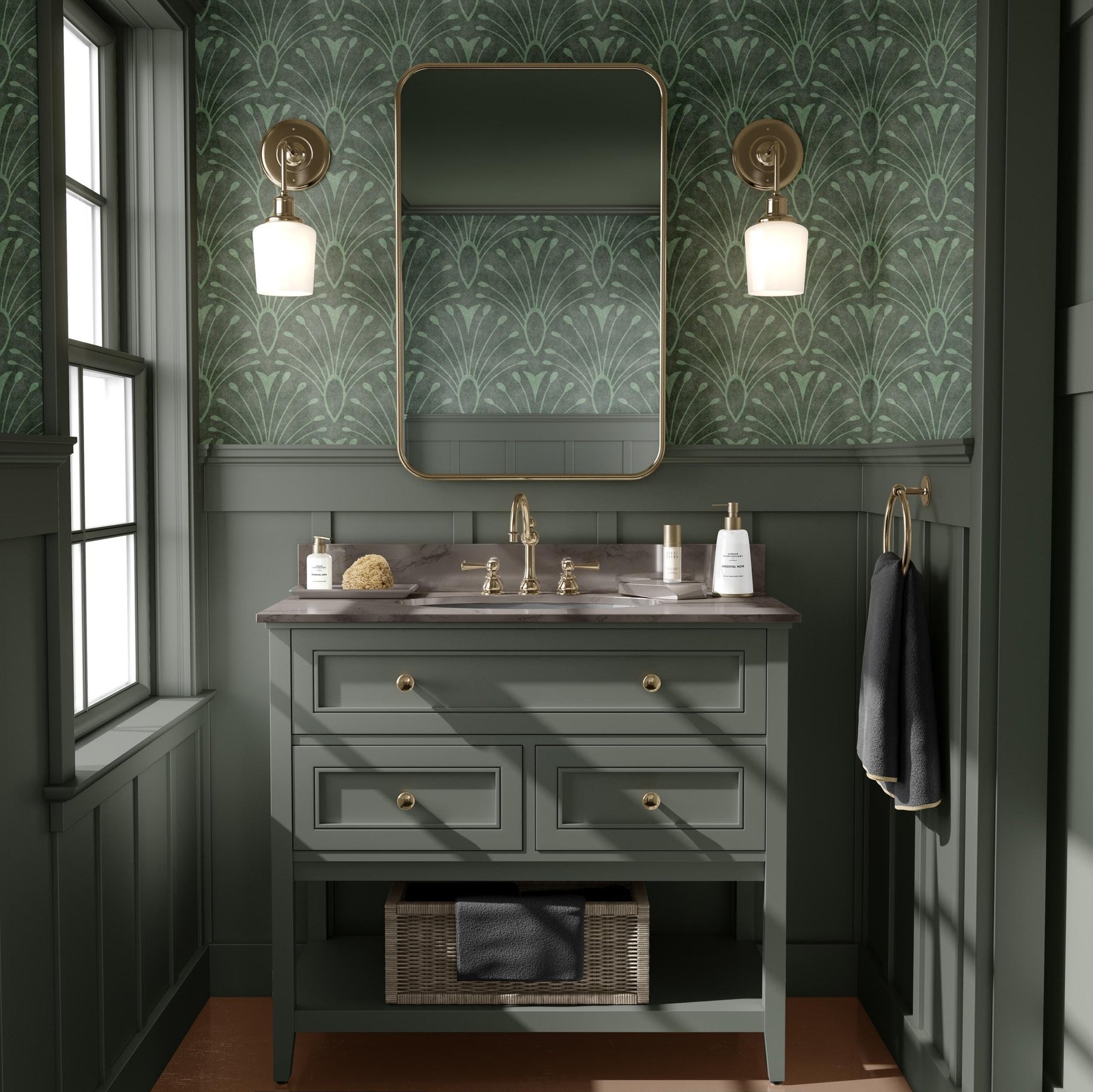wallpaper peel and stick or prepasted shown in dark emerald sage green with abstract floral fan pattern. An art deco mid century modern moody botanical moroccan inspired tile like scallop pattern perfect for bathroom, bedroom, entryway, office, or dining room accent wall.
