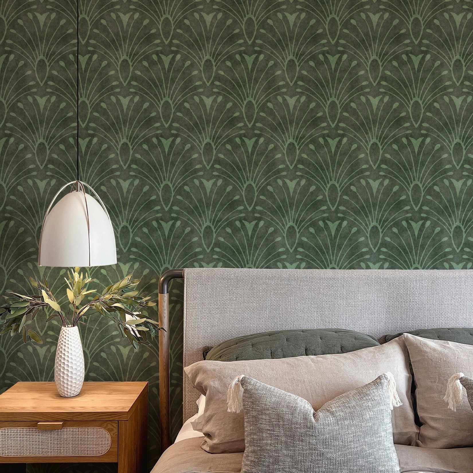 wallpaper peel and stick or prepasted shown in dark emerald sage green with abstract floral fan pattern. An art deco mid century modern moody botanical moroccan inspired tile like scallop pattern perfect for bathroom, bedroom, entryway, office, or dining room accent wall.
