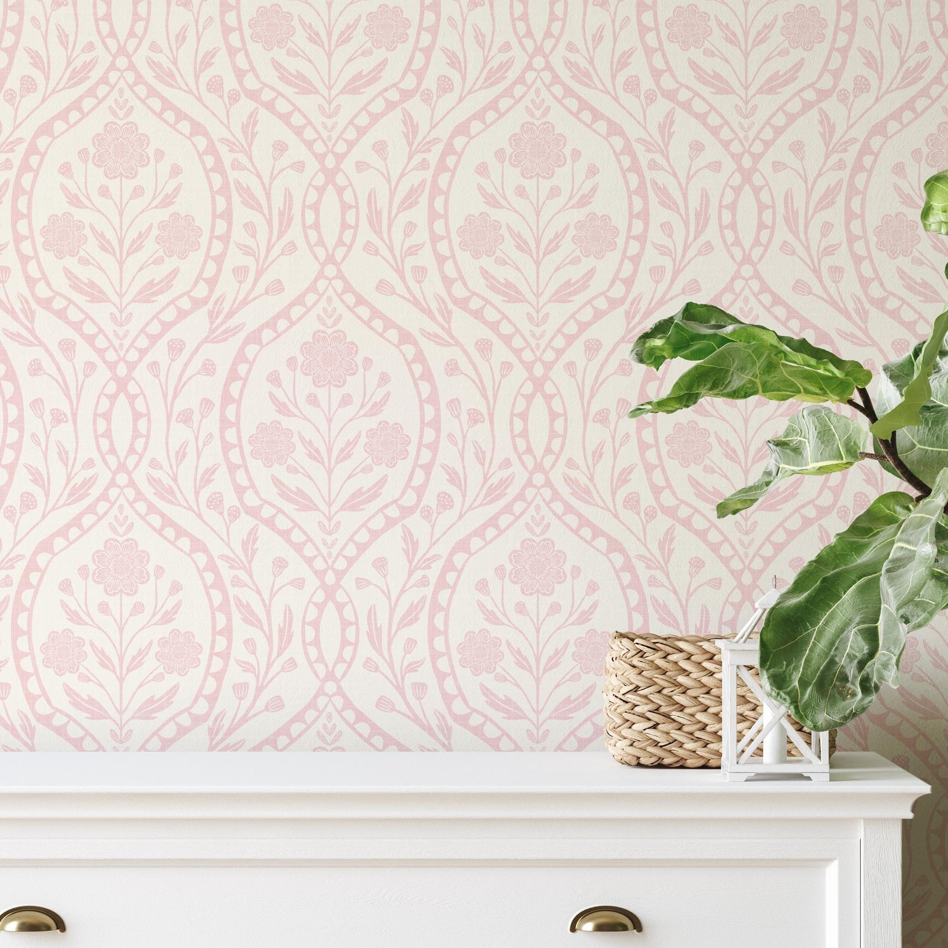 Baby girl nursery wallpaper in pink wildflower floral damask. Removable prepasted, peel and stick and samples for tween room, cottagecore or Victorian home decor. A feminine romantic coquette pastel design.