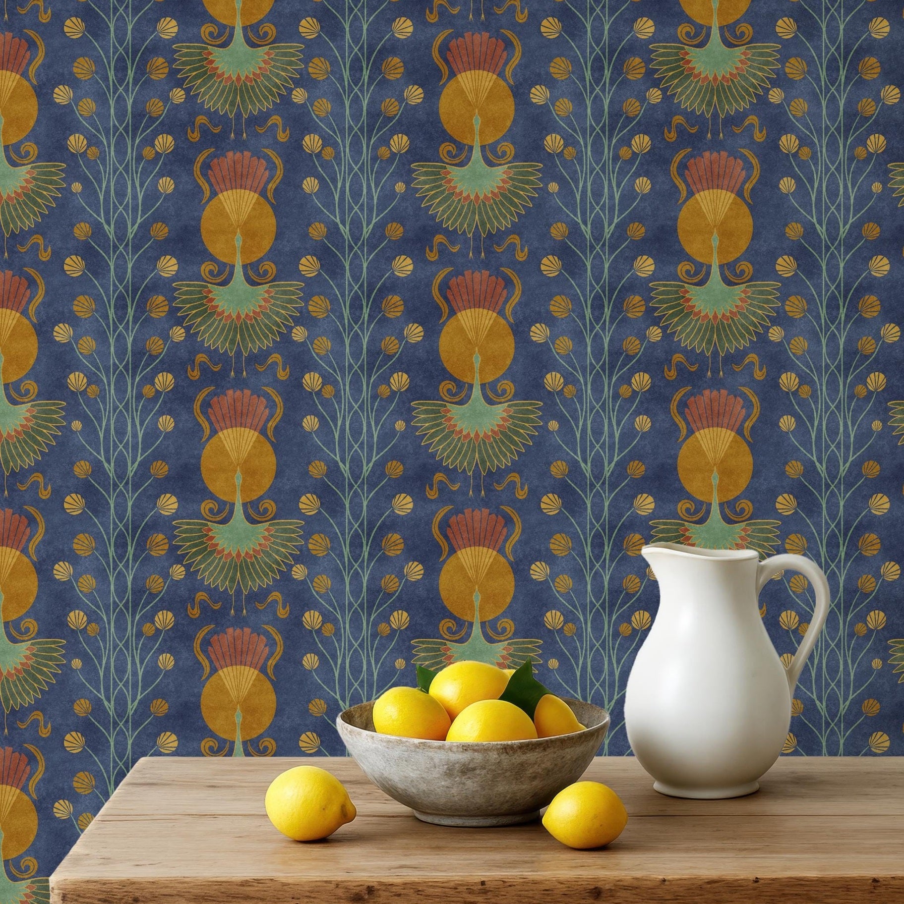 Shown here in peel and stick removable wallpaper. Hand-drawn Art Deco crane design in dark navy blue with moody botanical accents. Available in sample swatches. Ideal for bathroom walls, accent walls, and bedrooms.