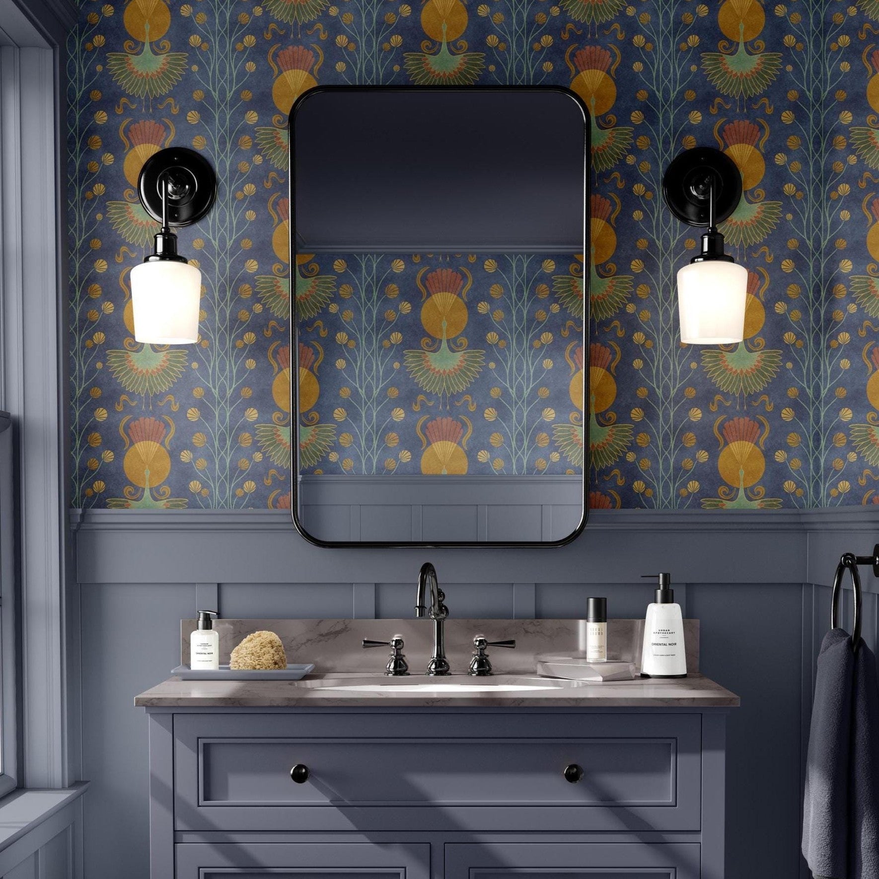 Shown here in peel and stick removable wallpaper. Hand-drawn Art Deco crane design in dark navy blue with moody botanical accents. Available in sample swatches. Ideal for bathroom walls, accent walls, and bedrooms.