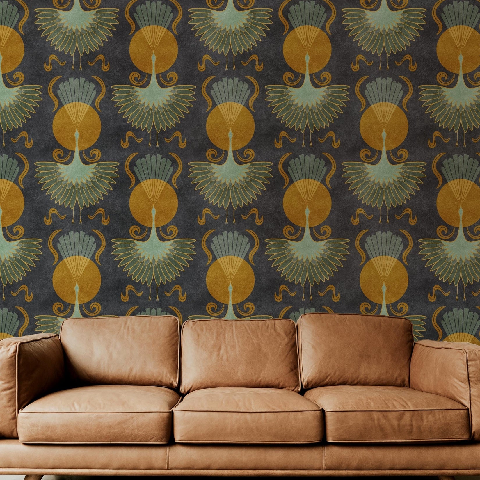 art deco bird wallpaper in dark moody black with cranes and celestial sun print. Removable peel and stick or pre-pasted for bathroom, powder room, bedroom, entryway, dining and accent walls. DIY renter friendly perfect for boho maximalist or mid century modern decor style.
