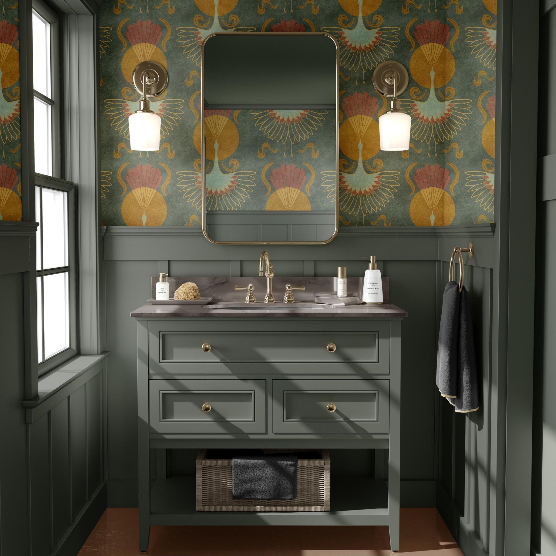crane bird wallpaper art deco mid century modern dark olive green celestial sun print. this dark moody earth tone maximalist design in removable prepasted or peel and stick is perfect for bedrooms, powder rooms, bathrooms, dining rooms and entryways