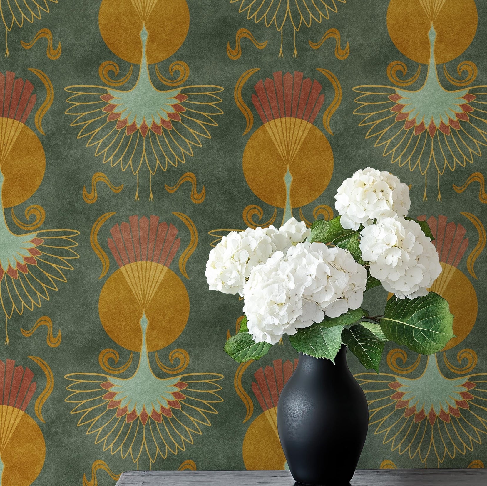 crane bird wallpaper art deco mid century modern dark olive green celestial sun print. this dark moody earth tone maximalist design in removable prepasted or peel and stick is perfect for bedrooms, powder rooms, bathrooms, dining rooms and entryways