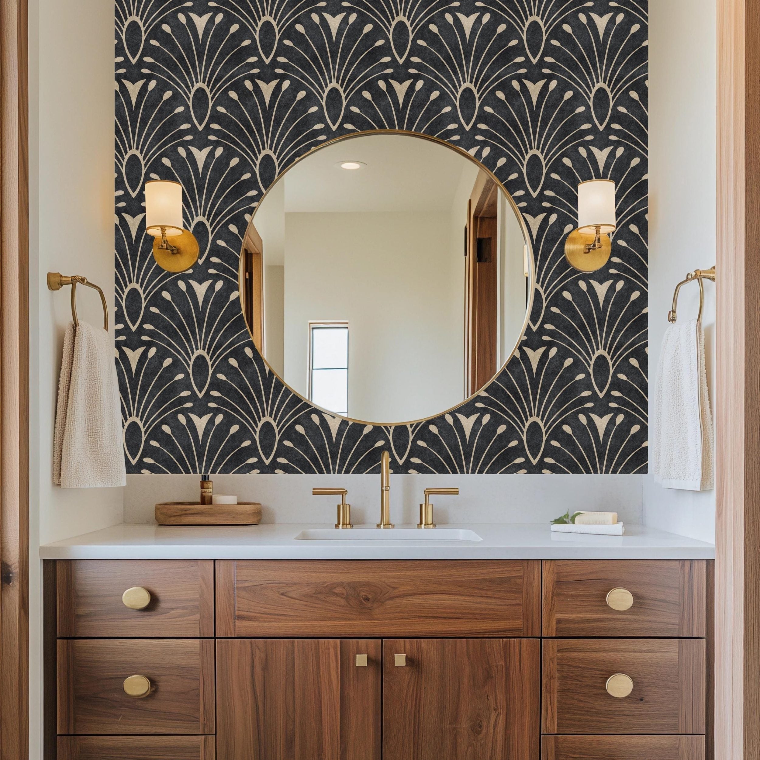 removable peel and stick or prepasted wallpaper with black art deco abstract feather fan pattern in tiled scallop. this 1920s glam print is perfect for a dark moody gothic, maximalist or mid century modern aesthetic for bathrooms, bedrooms, dining rooms and home offices.