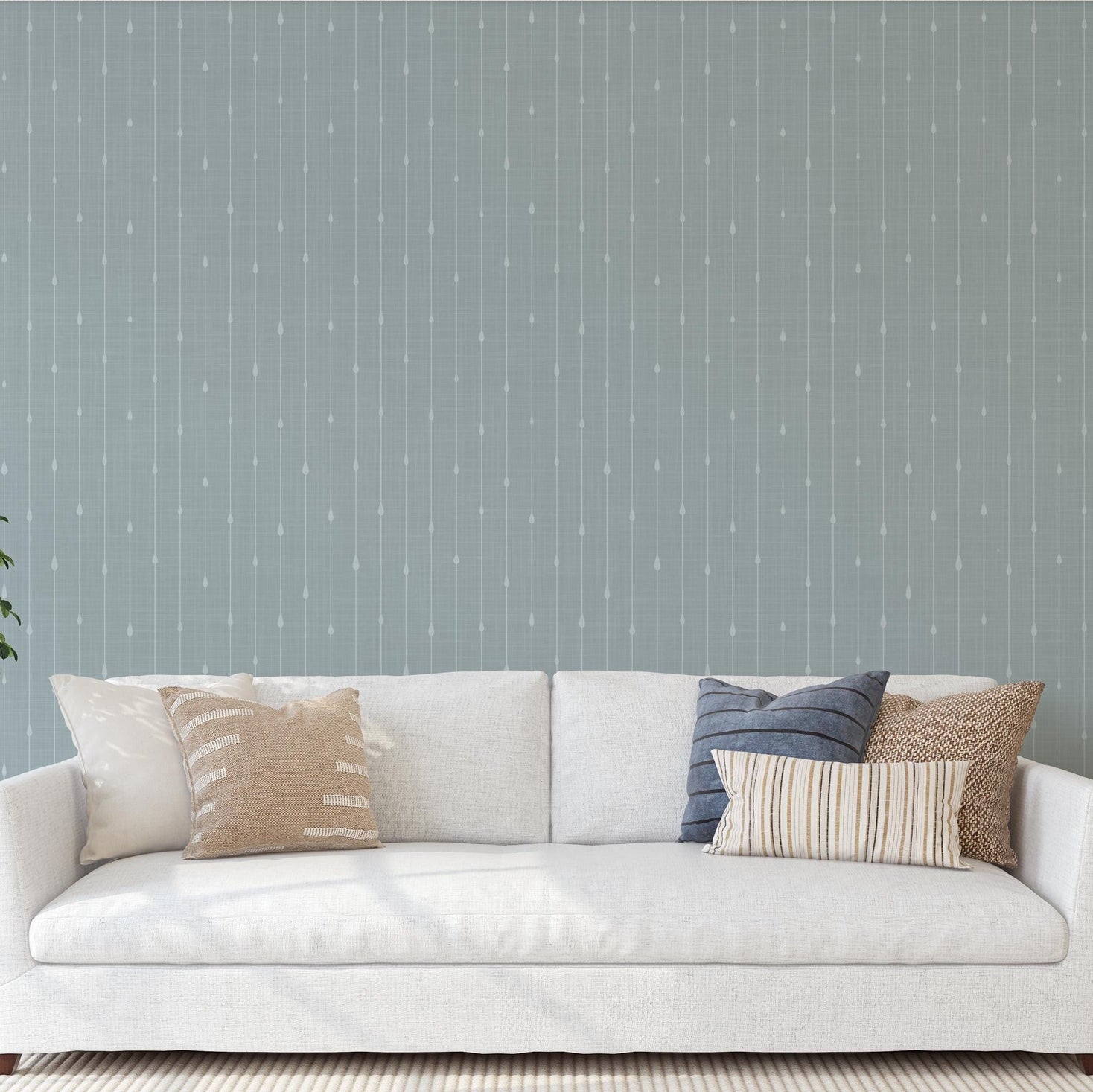 Blue stripe wallpaper for boys ocean nursery, baby boy room, or coastal toddler space. Shown in renter-friendly DIY style, available in peel and stick or prepasted options. Great for bathrooms, powder rooms, accent walls, or nautical baby nursery.