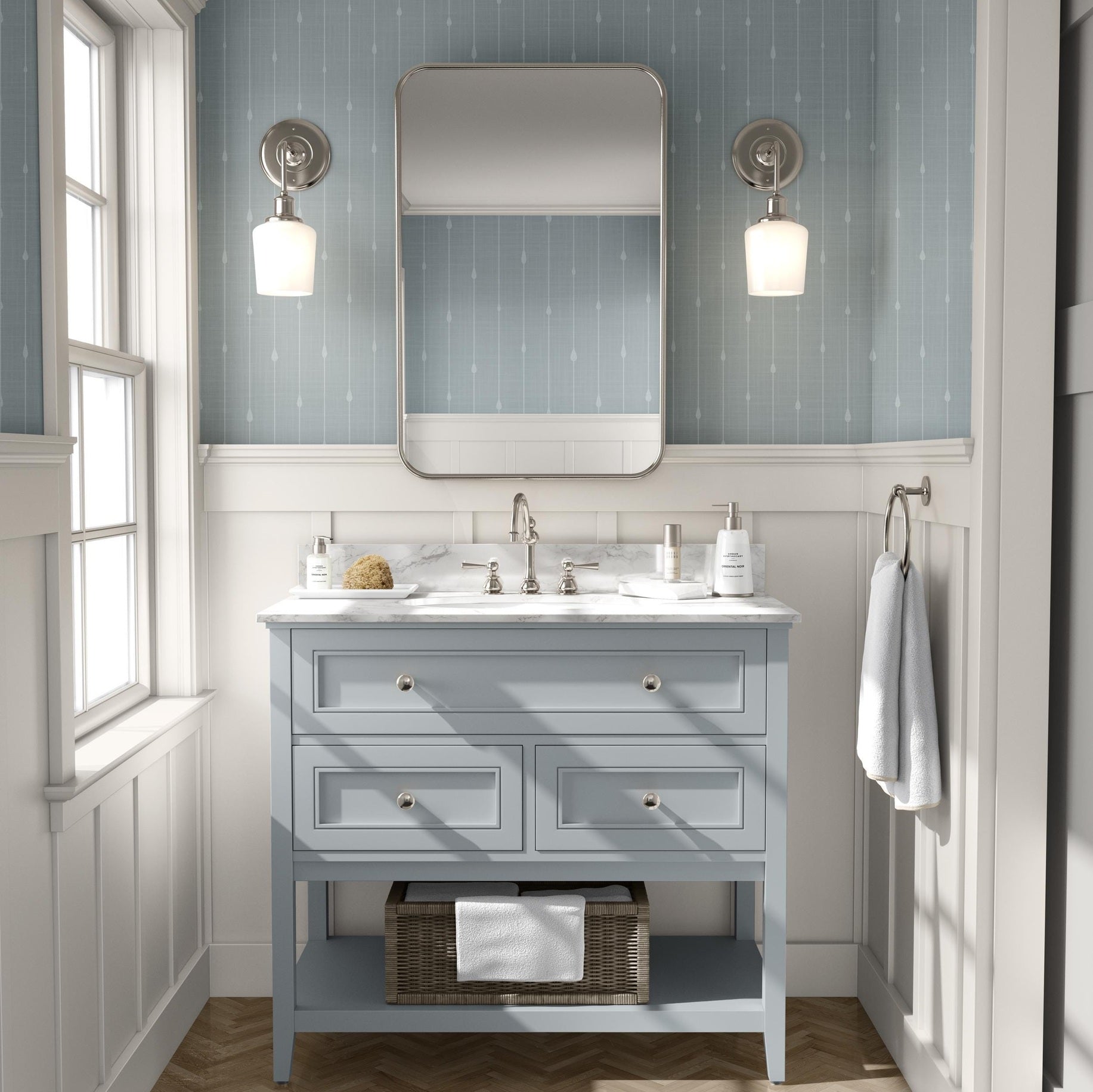 Blue stripe wallpaper for boys ocean nursery, baby boy room, or coastal toddler space. Shown in renter-friendly DIY style, available in peel and stick or prepasted options. Great for bathrooms, powder rooms, accent walls, or nautical baby nursery.