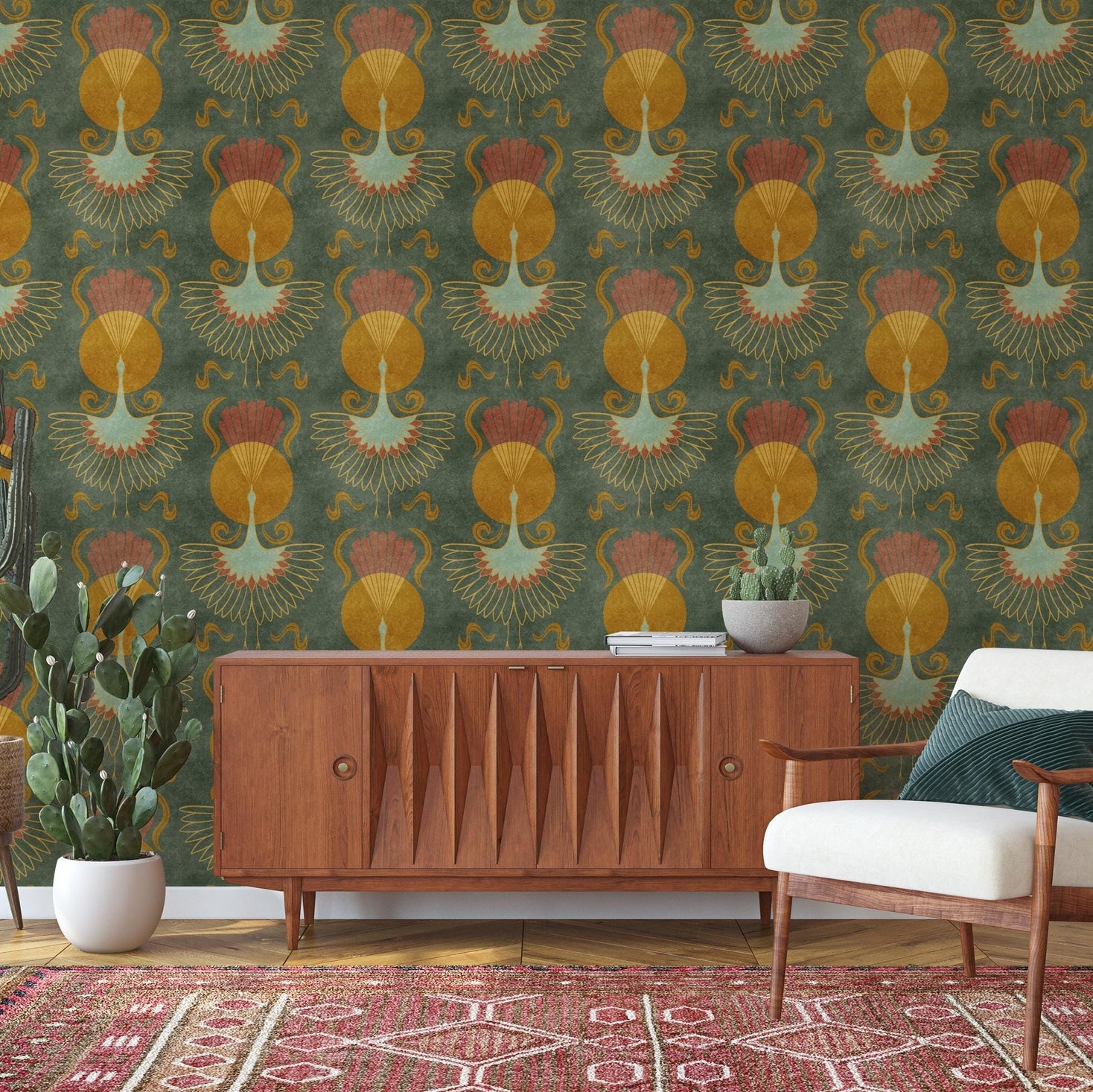 crane bird wallpaper art deco mid century modern dark olive green celestial sun print. this dark moody earth tone maximalist design in removable prepasted or peel and stick is perfect for bedrooms, powder rooms, bathrooms, dining rooms and entryways.