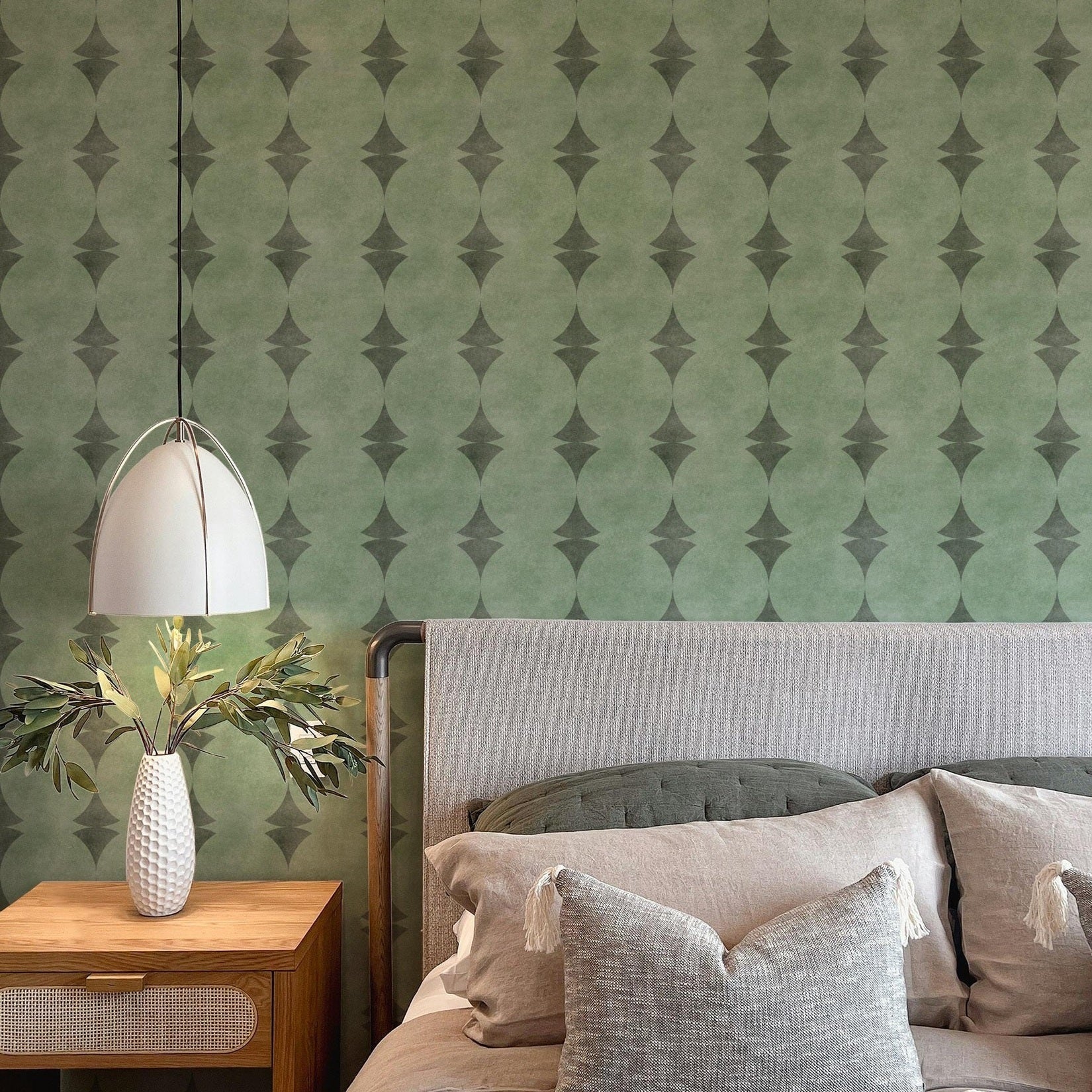 Sage green peel and stick or prepasted wallpaper with Mediterranean art deco stripe pattern and subtle stone texture. Ideal for coastal homes, powder rooms, rentals, kitchens, and DIY accent walls.