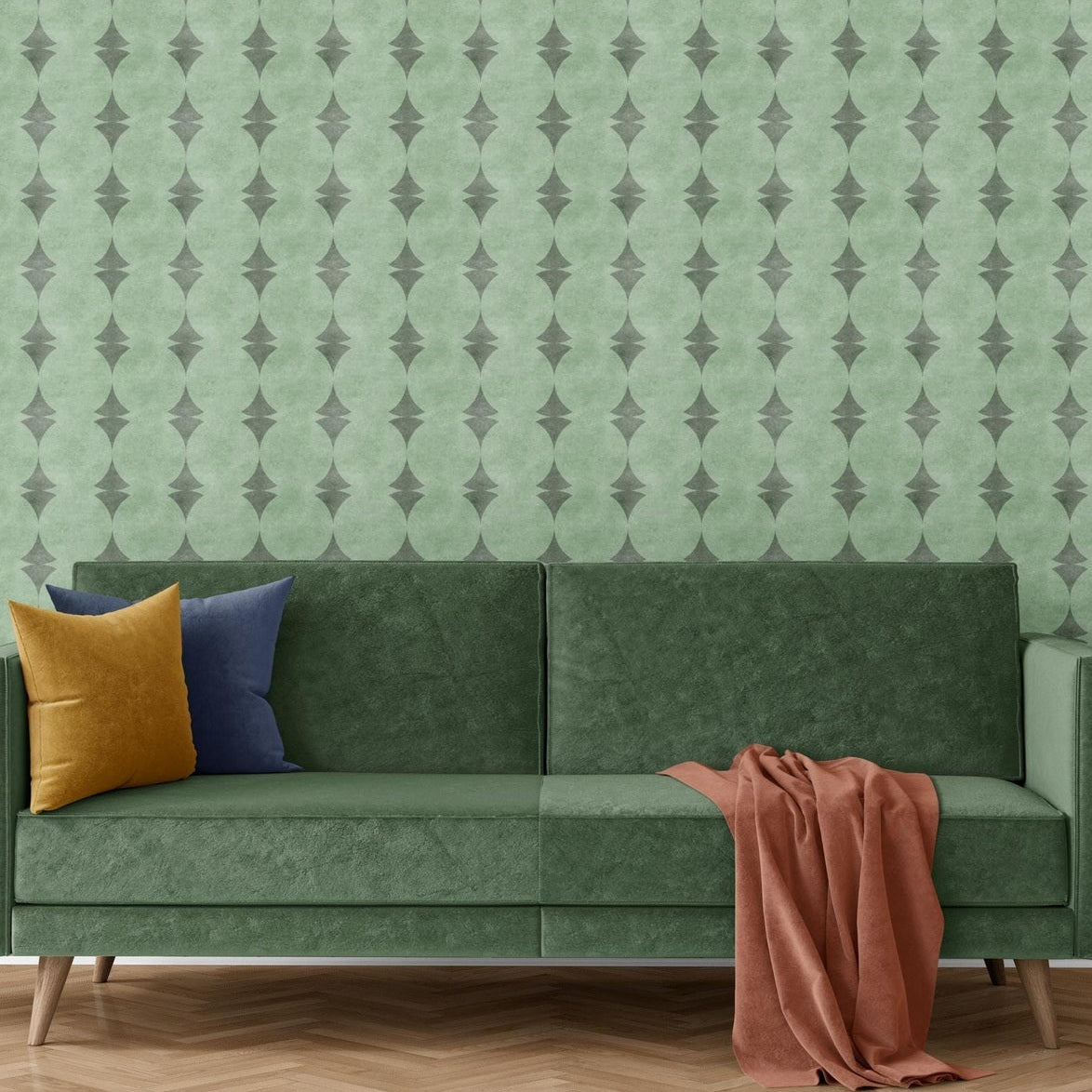 Sage green peel and stick or prepasted wallpaper with Mediterranean art deco stripe pattern and subtle stone texture. Ideal for coastal homes, powder rooms, rentals, kitchens, and DIY accent walls.