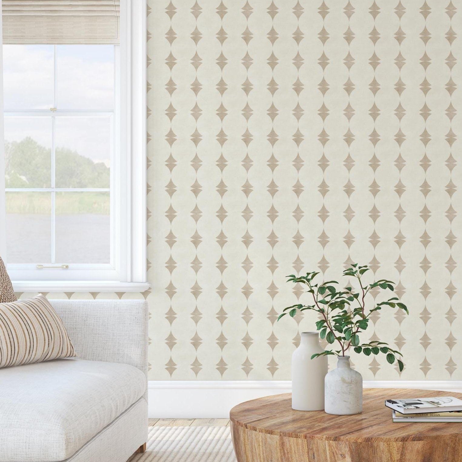 wallpaper in removable peel and stick or pre-pasted in neutral off white and warm beige stripe with a mid century modern art deco look. Perfect for coastal, MCM, glam and vintage inspired spaces for bathroom accent wall, powder room, living room, dining room, bedroom or hallway. A subtle understated timeless design.