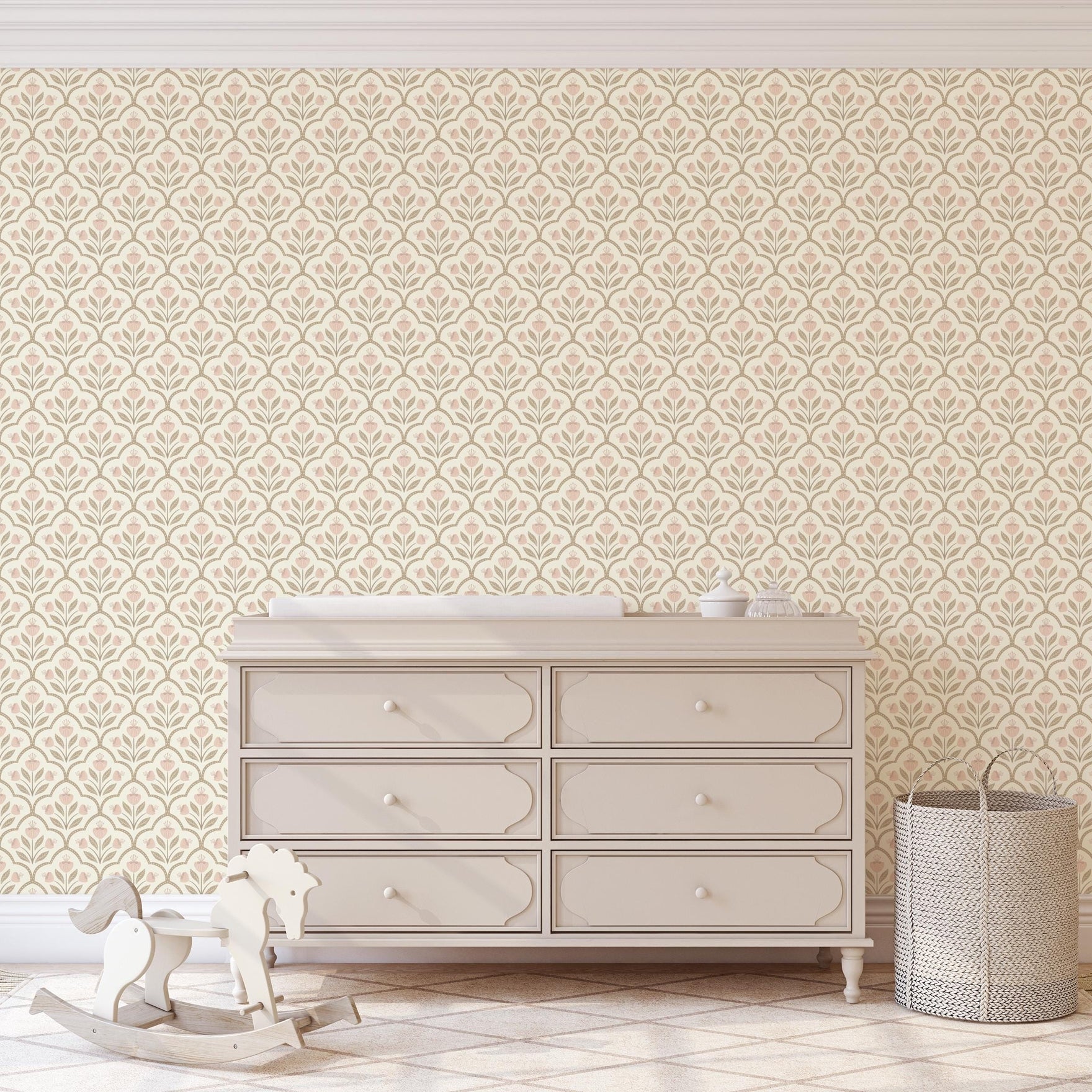 Floral Medallion Wallpaper - Pink & White wallpaper available in peel and stick (removable), prepasted, and traditional nonpasted / unpasted