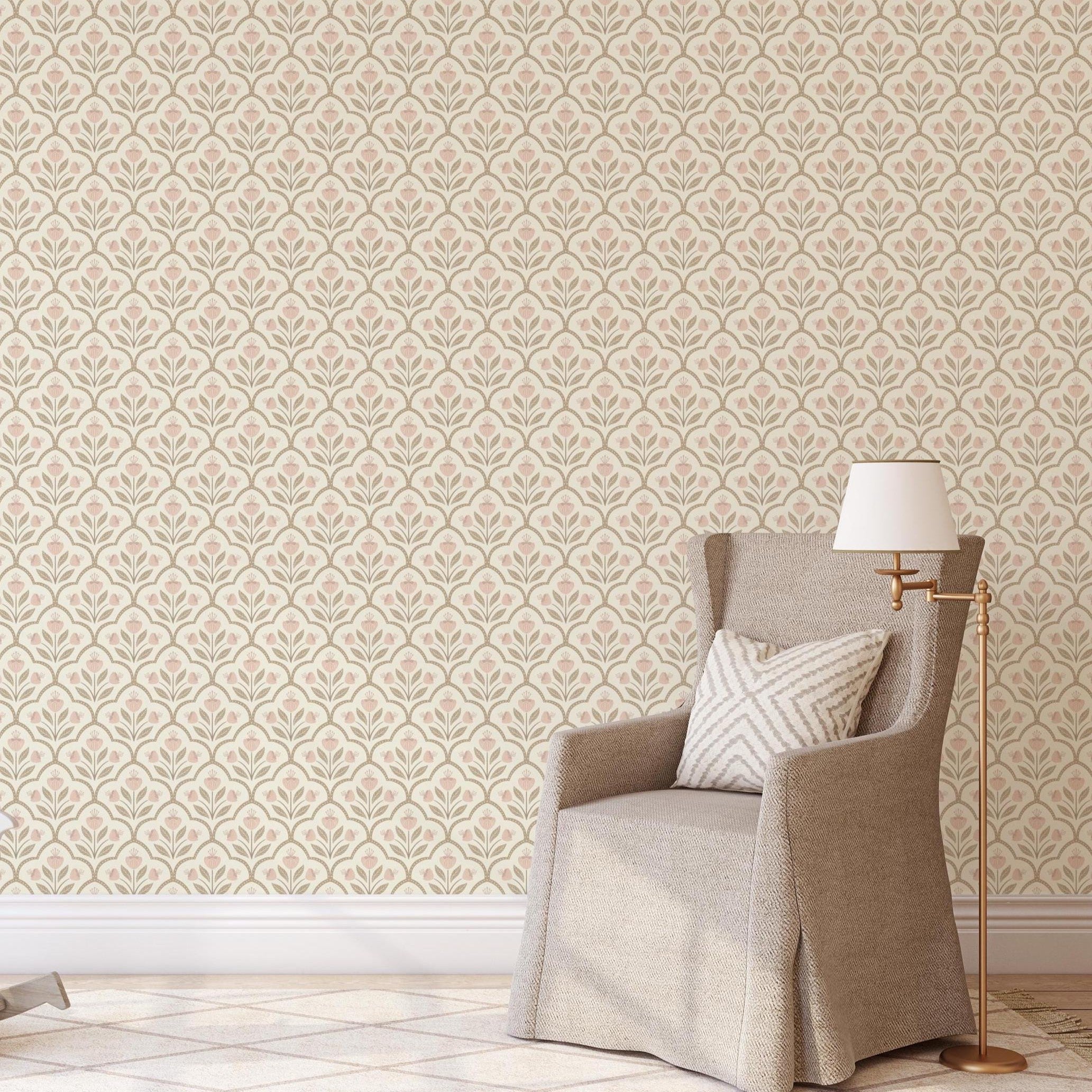 Floral Medallion Wallpaper - Pink & White wallpaper available in peel and stick (removable), prepasted, and traditional nonpasted / unpasted