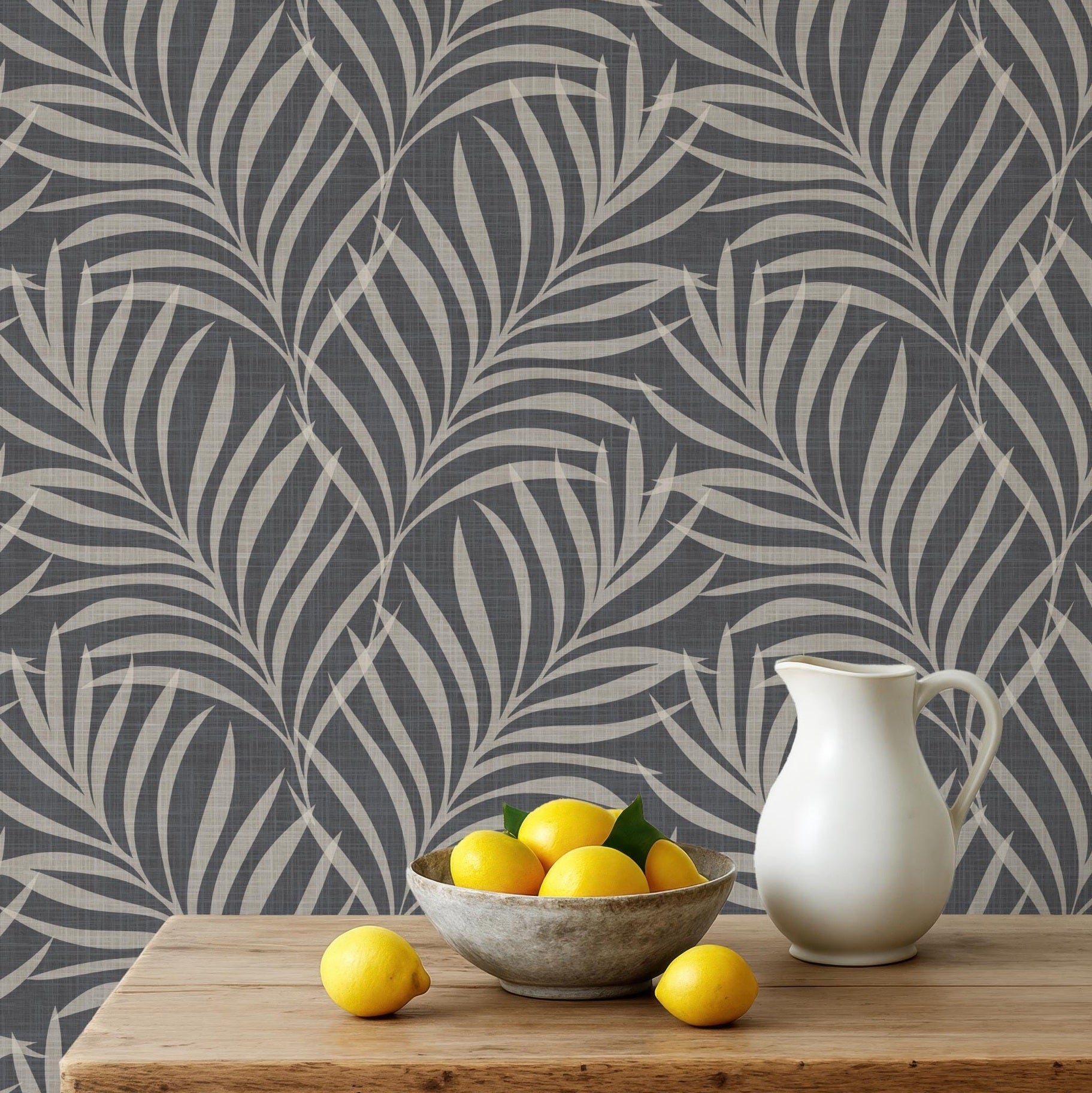 wallpaper removable peel and stick or renter friendly pre-pasted in moody tropical boho palm leaf fronds on charcoal back with faux linen texture. For bathroom, powder room, dark botanical bedroom, dining room, or entry way.
