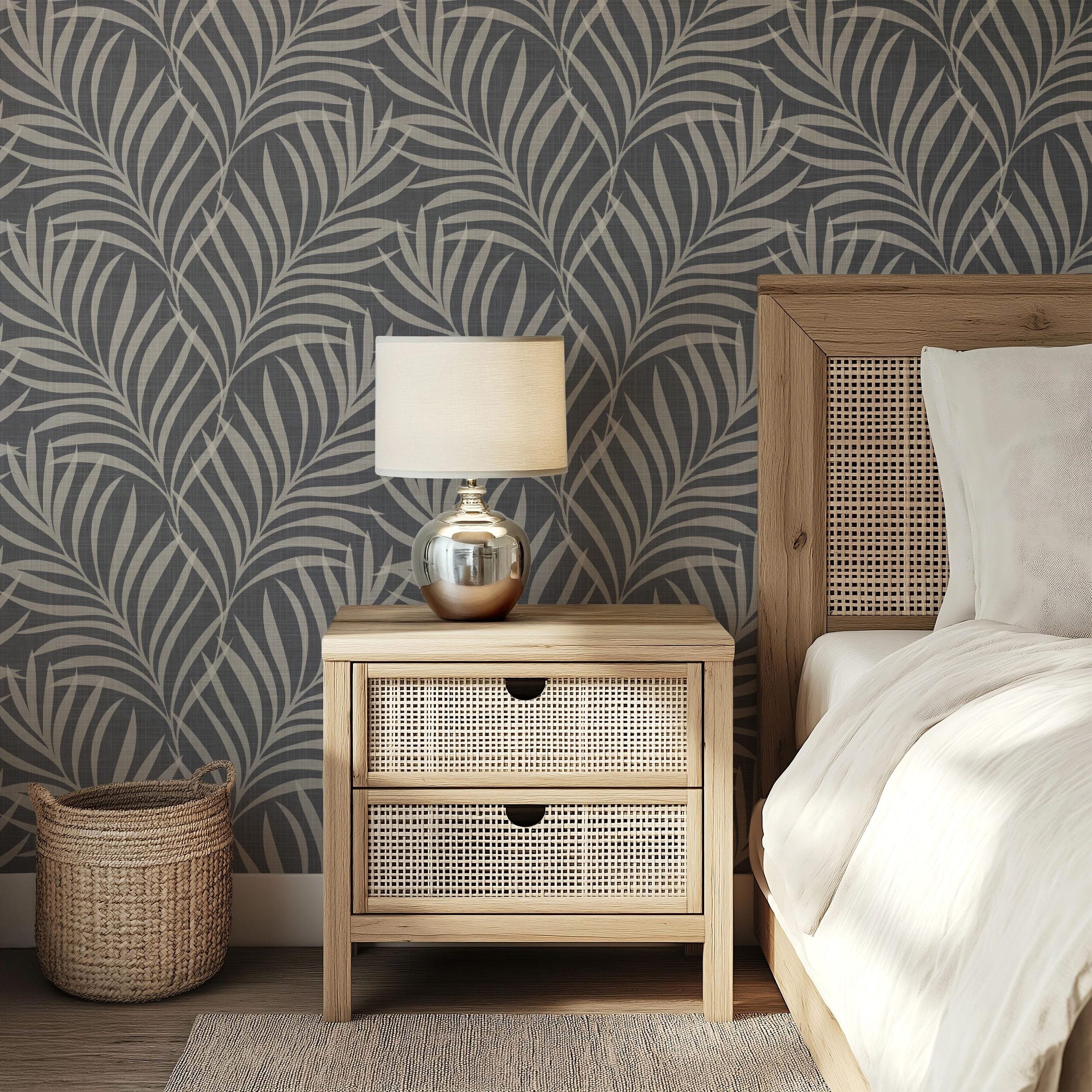 wallpaper removable peel and stick or renter friendly pre-pasted in moody tropical boho palm leaf fronds on charcoal back with faux linen texture. For bathroom, powder room, dark botanical bedroom, dining room, or entry way.