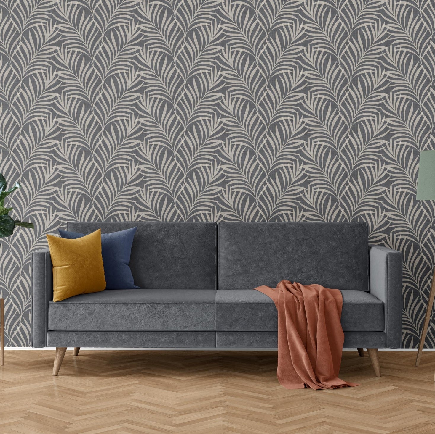 wallpaper removable peel and stick or renter friendly pre-pasted in moody tropical boho palm leaf fronds on charcoal back with faux linen texture. For bathroom, powder room, dark botanical bedroom, dining room, or entry way.