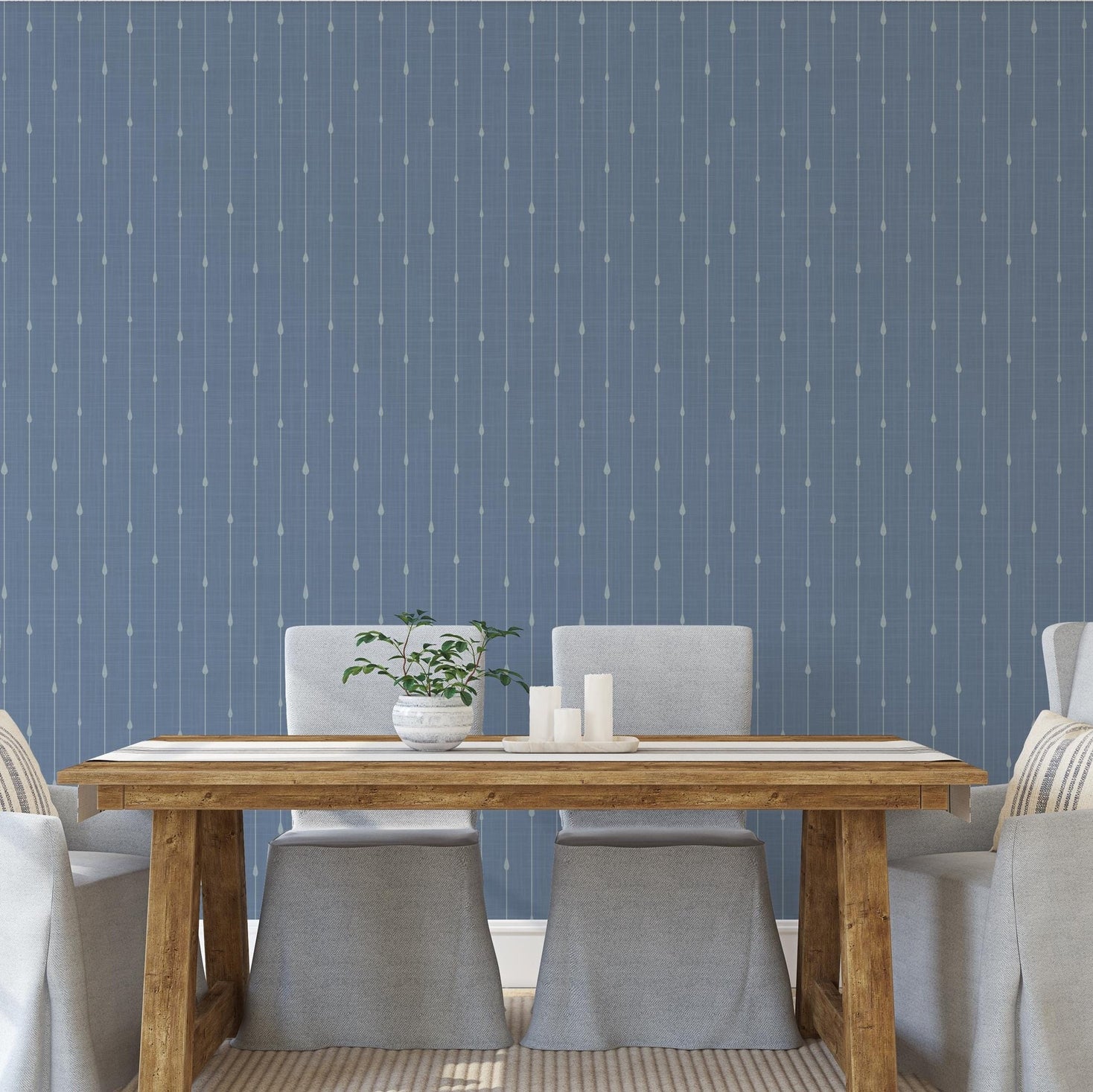 Blue stripe wallpaper for boys ocean nursery, baby boy room, or coastal toddler space. Shown in renter-friendly DIY style, available in peel and stick or prepasted options. Great for bathrooms, powder rooms, accent walls, or nautical baby nursery.