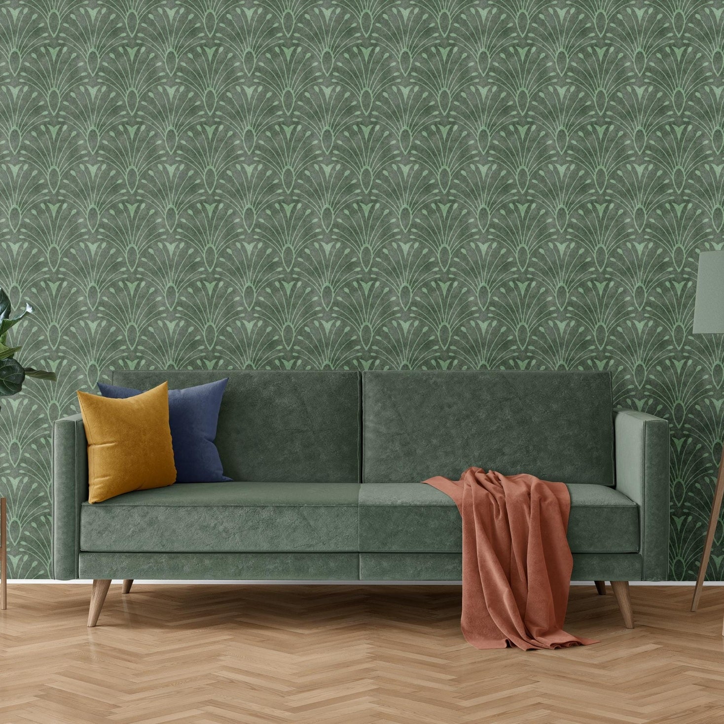 wallpaper peel and stick or prepasted shown in dark emerald sage green with abstract floral fan pattern. An art deco mid century modern moody botanical moroccan inspired tile like scallop pattern perfect for bathroom, bedroom, entryway, office, or dining room accent wall.