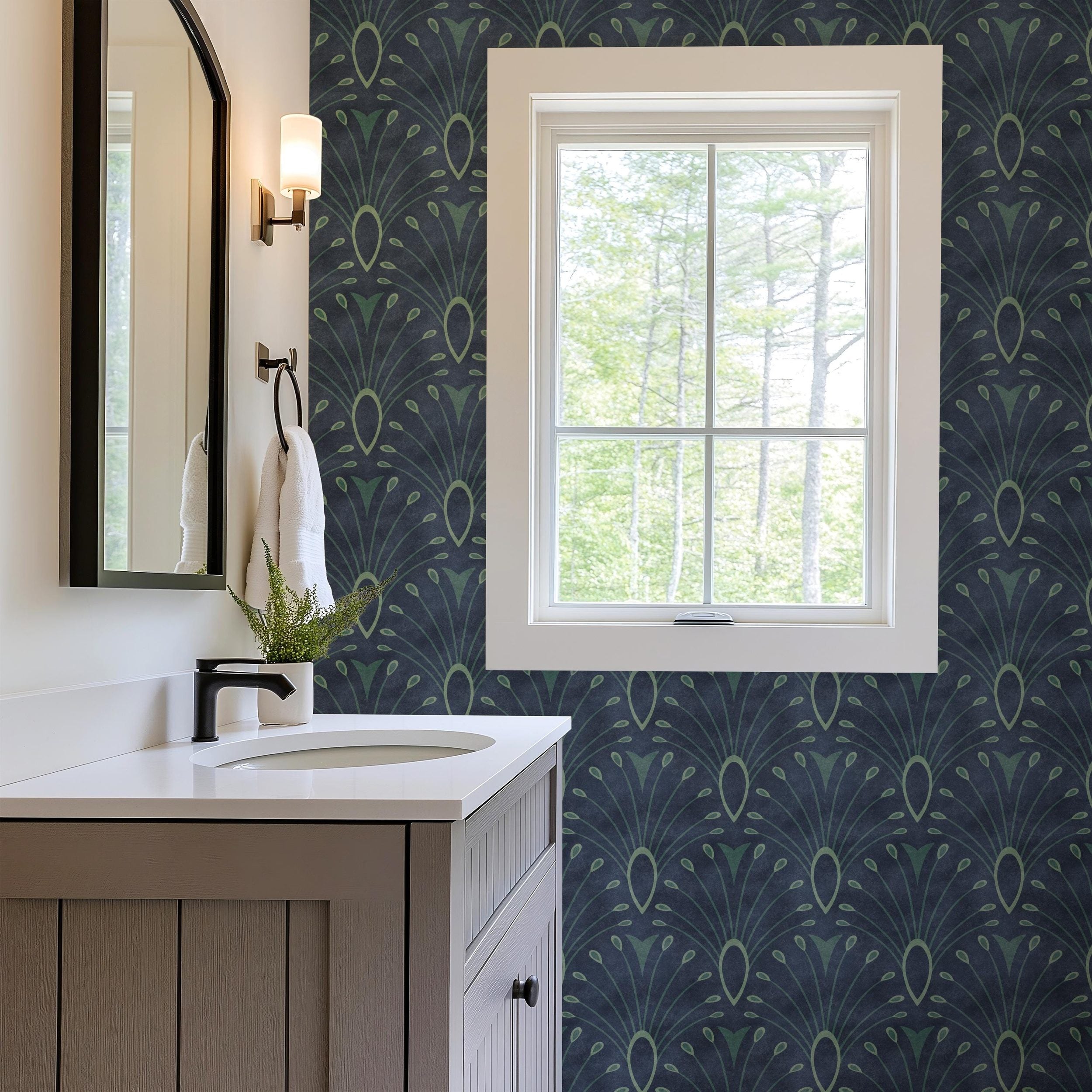 wallpaper peel and stick or prepasted shown in dark navy blue with abstract peacock bird feather pattern. An art deco mid century modern moroccan inspired tile like scallop pattern perfect for bathroom, bedroom, entryway, office, or dining room accent wall.