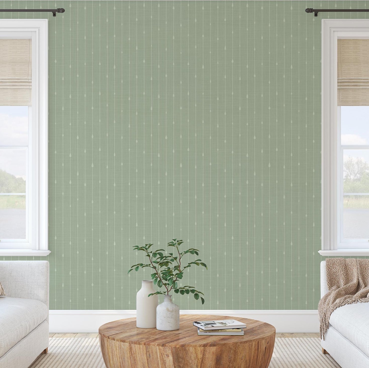sage green peel and stick or removable prepasted wallpaper a versatile stripe that works for french country, cottagecore, and tropical boho coastal styles. An elegant renter friendly option for bathroom, baby nursery, bedroom, living room, powder room or dining room.