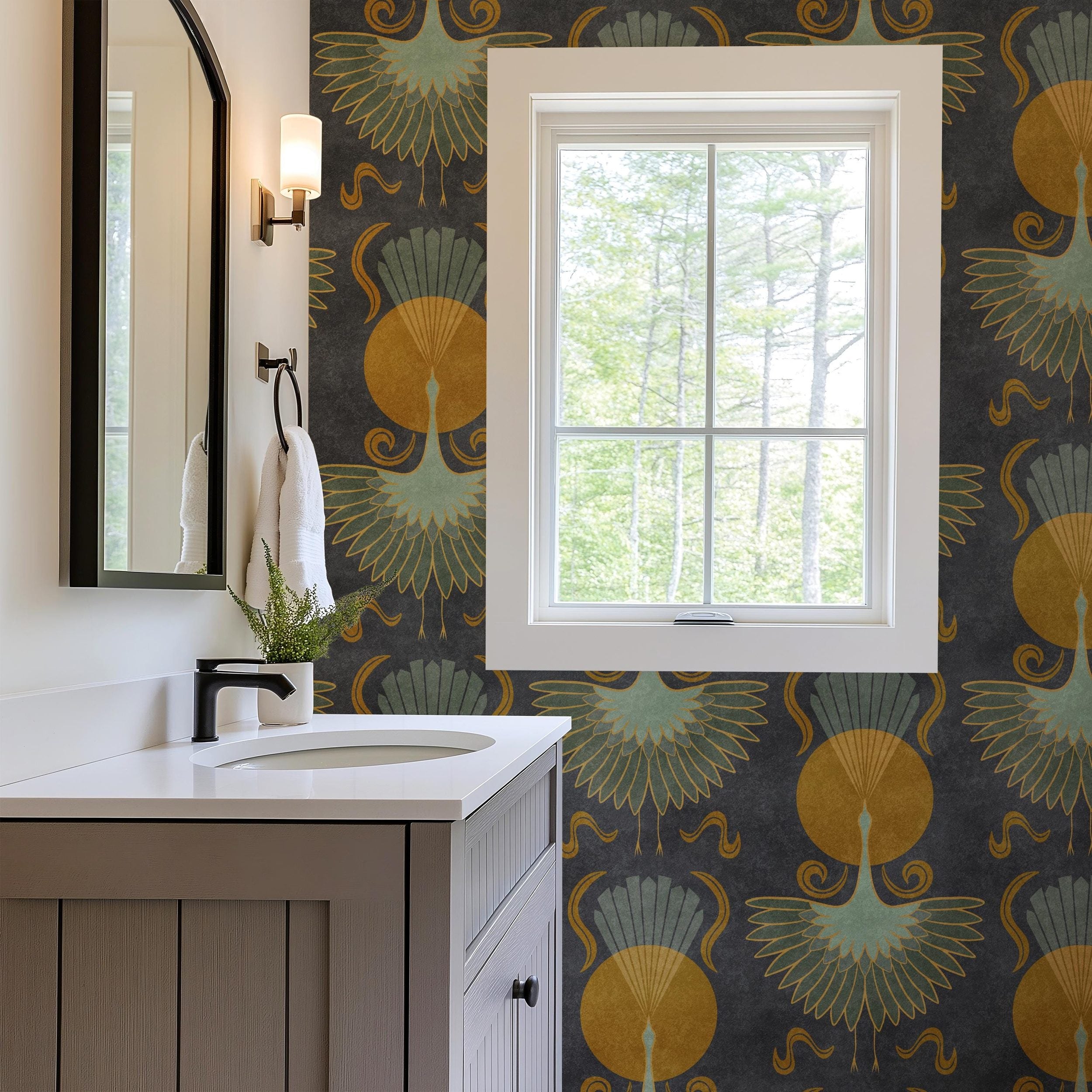 art deco bird wallpaper in dark moody black with cranes and celestial sun print. Removable peel and stick or pre-pasted for bathroom, powder room, bedroom, entryway, dining and accent walls. DIY renter friendly perfect for boho maximalist or mid century modern decor style.