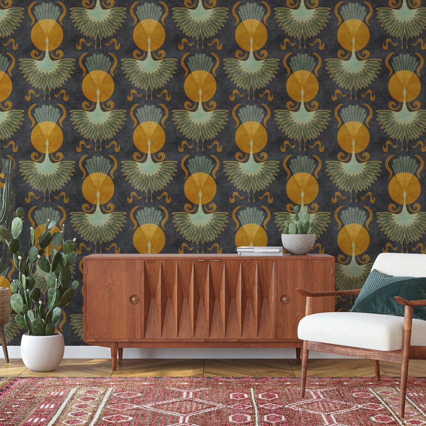 art deco bird wallpaper in dark moody black with cranes and celestial sun print. Removable peel and stick or pre-pasted for bathroom, powder room, bedroom, entryway, dining and accent walls. DIY renter friendly perfect for boho maximalist or mid century modern decor style.