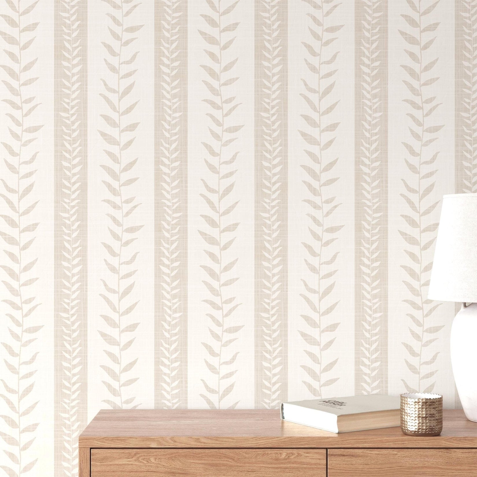 Boho Tropical wallpaper shown in Peel and Stick or prepasted Removable. Neutral beige botanical stripe perfect Modern Coastal Botanical for Nursery, Powder Room, Entryway, bathroom, bedroom, kitchen, mudroom, or dining room.