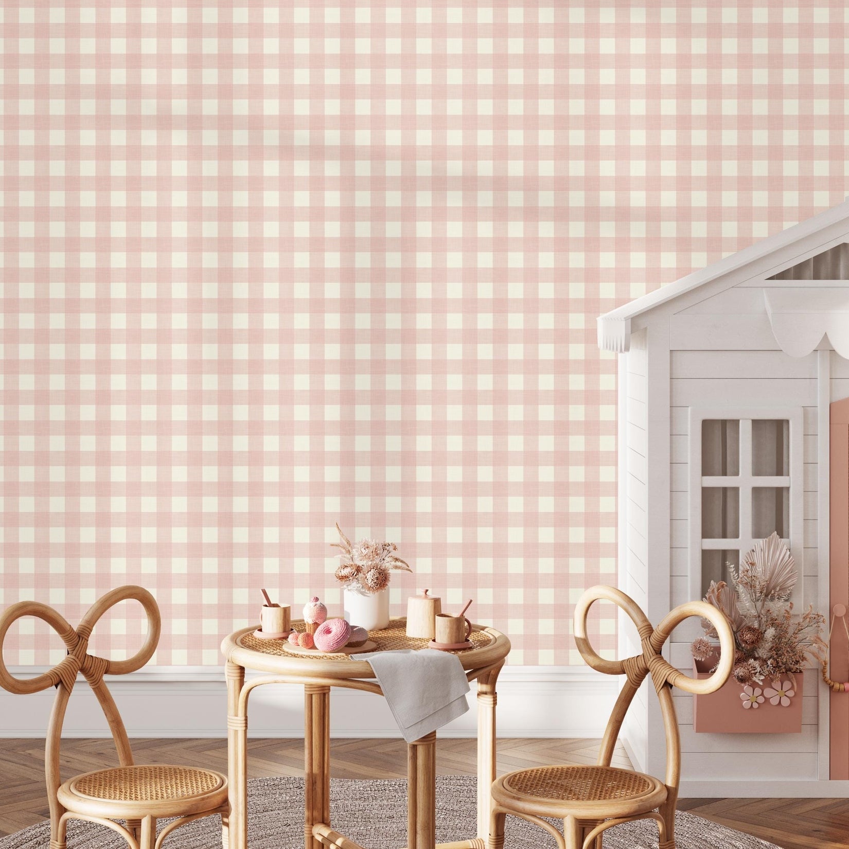 Blush pink gingham wallpaper, peel and stick or pre-pasted. Preppy plaid print for baby girl nursery, girly teen or tween bedroom, or modern farmhouse wall. Classic print that works for french country, cottagecore, and grandmillennial style spaces.