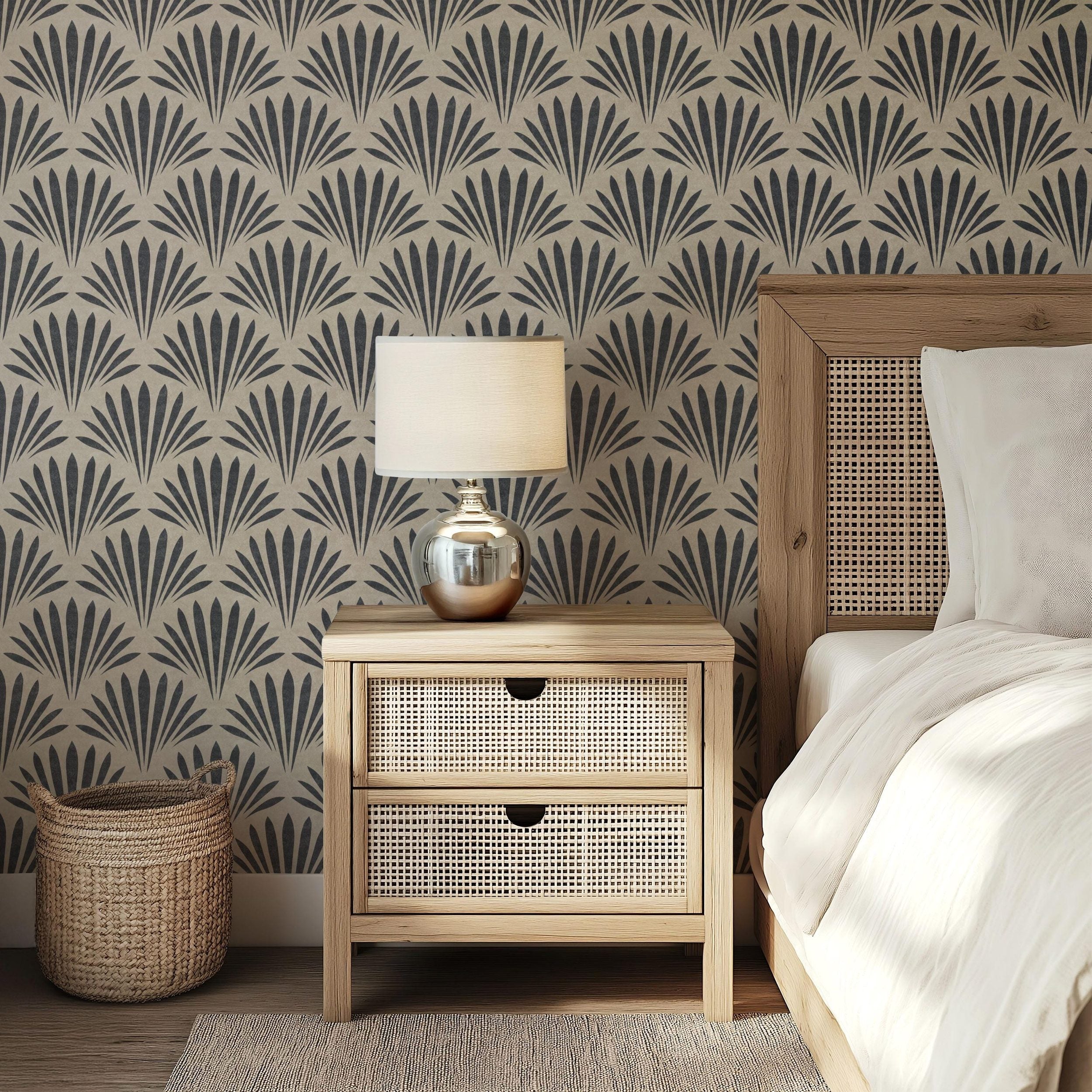 tropical boho wallpaper shown in peel and stick or prepasted removable. neutral black and tan for modern coastal bathroom, powder room, office wall, dining or bedroom.