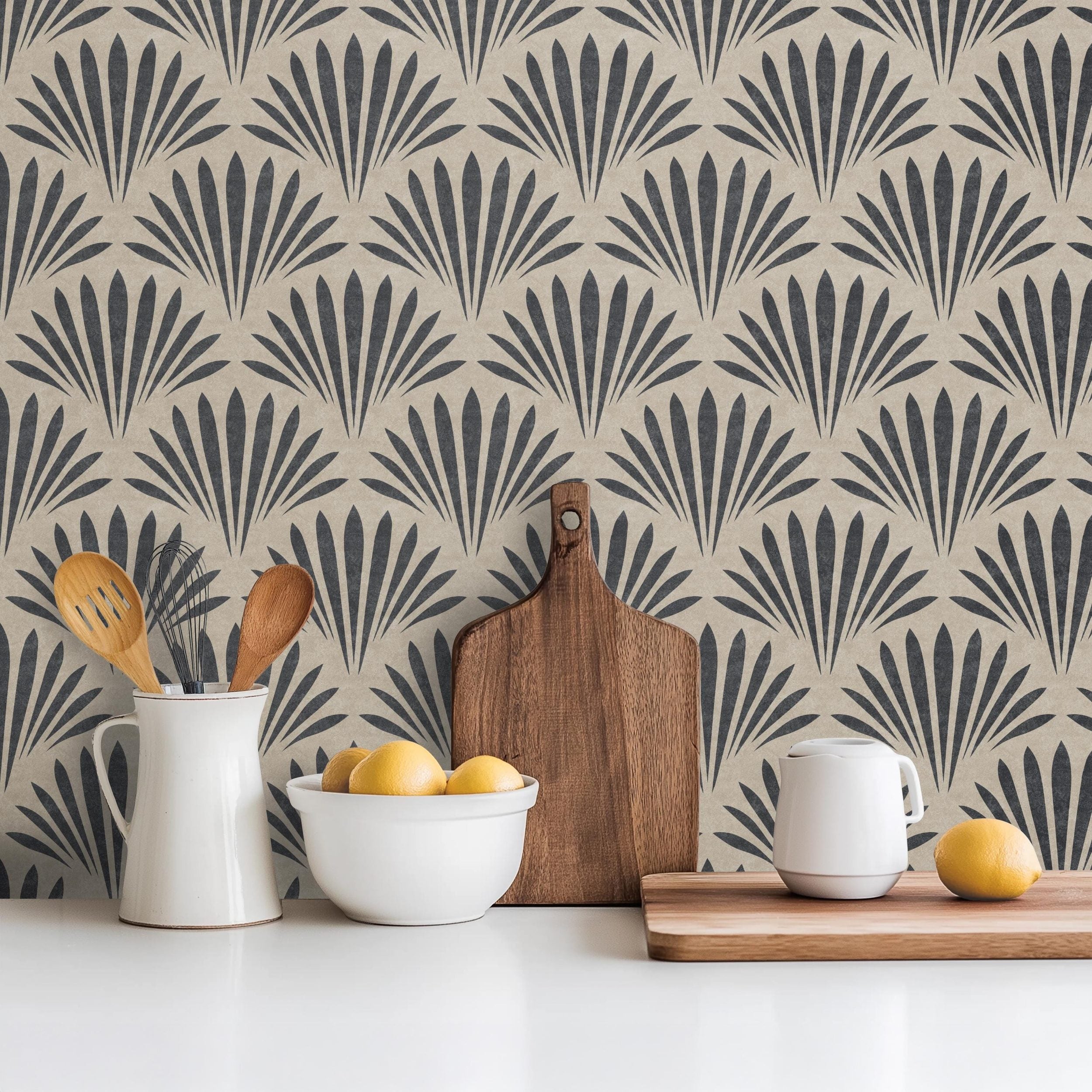 tropical boho wallpaper shown in peel and stick or prepasted removable. neutral black and tan for modern coastal bathroom, powder room, office wall, dining or bedroom.