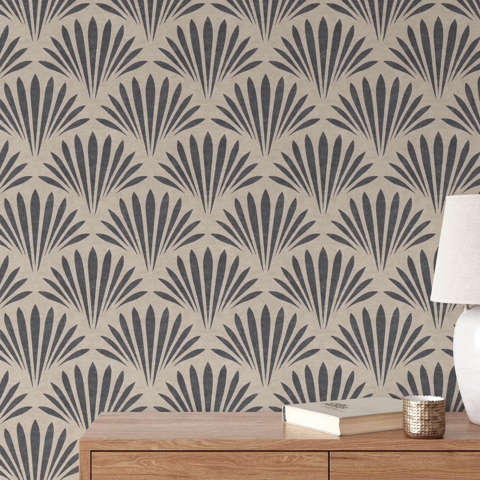 tropical boho wallpaper shown in peel and stick or prepasted removable. neutral black and tan for modern coastal bathroom, powder room, office wall, dining or bedroom.