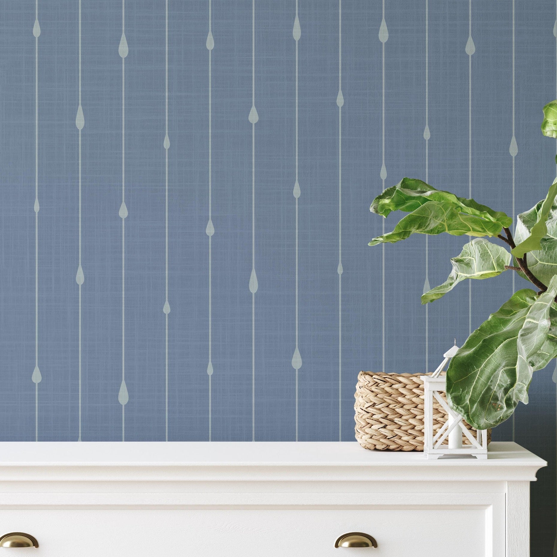 Blue stripe wallpaper for boys ocean nursery, baby boy room, or coastal toddler space. Shown in renter-friendly DIY style, available in peel and stick or prepasted options. Great for bathrooms, powder rooms, accent walls, or nautical baby nursery.
