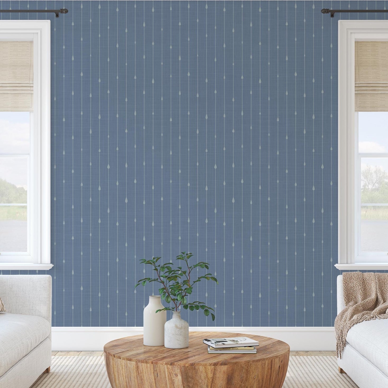 Blue stripe wallpaper for boys ocean nursery, baby boy room, or coastal toddler space. Shown in renter-friendly DIY style, available in peel and stick or prepasted options. Great for bathrooms, powder rooms, accent walls, or nautical baby nursery.