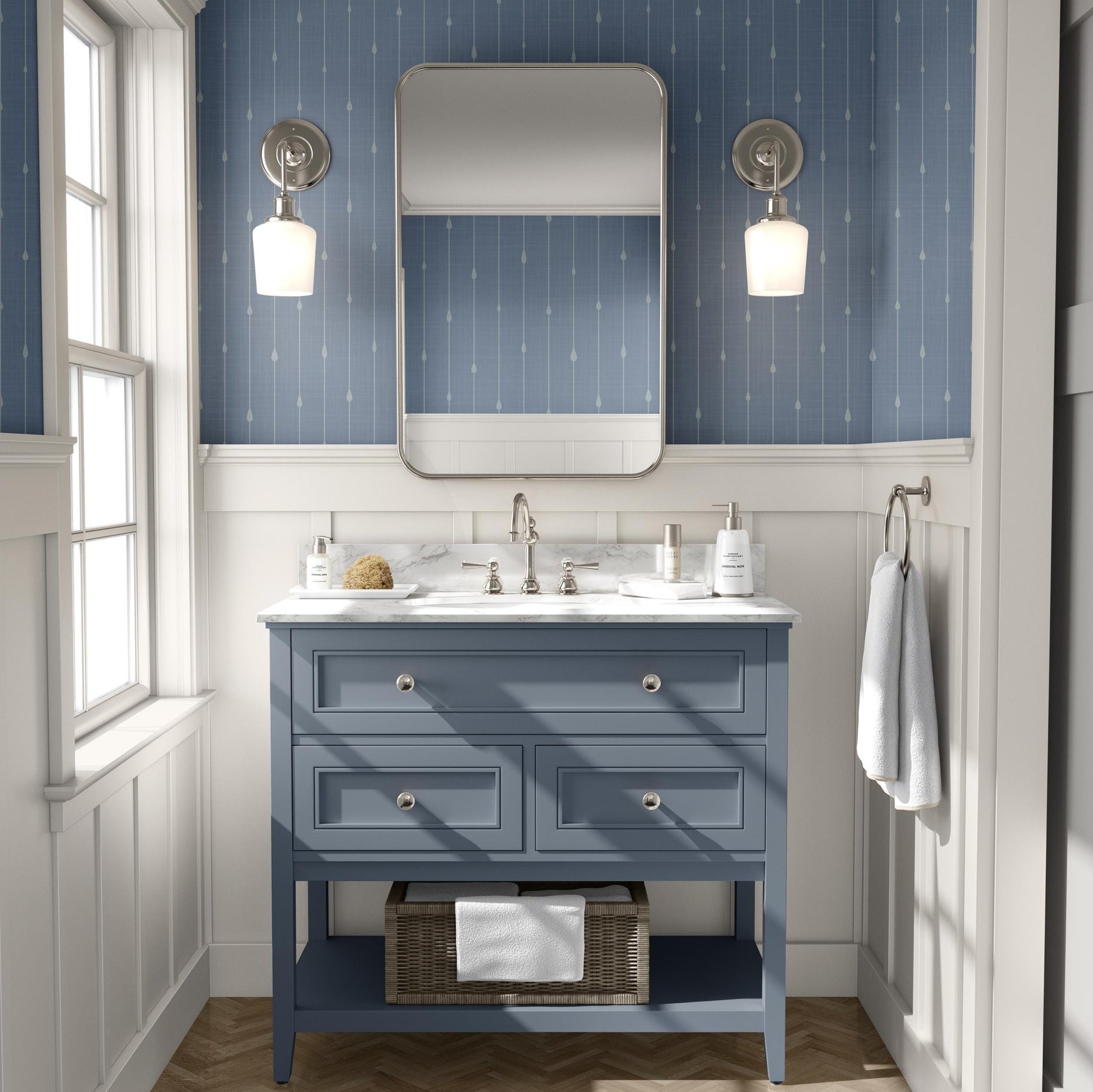 Blue stripe wallpaper for boys ocean nursery, baby boy room, or coastal toddler space. Shown in renter-friendly DIY style, available in peel and stick or prepasted options. Great for bathrooms, powder rooms, accent walls, or nautical baby nursery.