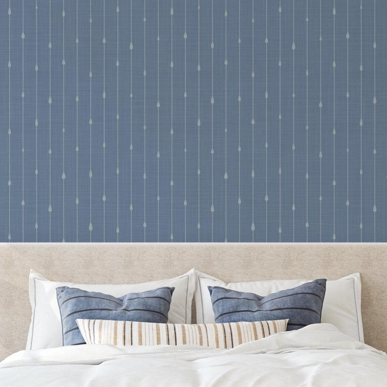 Blue stripe wallpaper for boys ocean nursery, baby boy room, or coastal toddler space. Shown in renter-friendly DIY style, available in peel and stick or prepasted options. Great for bathrooms, powder rooms, accent walls, or nautical baby nursery.