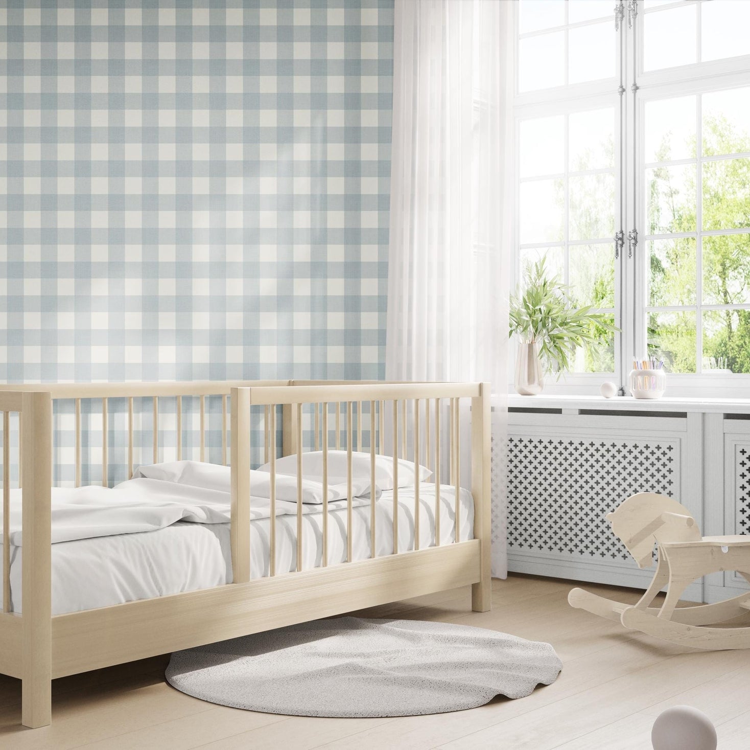 toddler baby accent wall with light blue and off-white gingham wallpaper with a soft linen texture. Buffalo check style, ideal for baby boy nurseries, coastal or cottagecore spaces. Removable, eco-friendly, made in the USA, and designed by an independent artist.