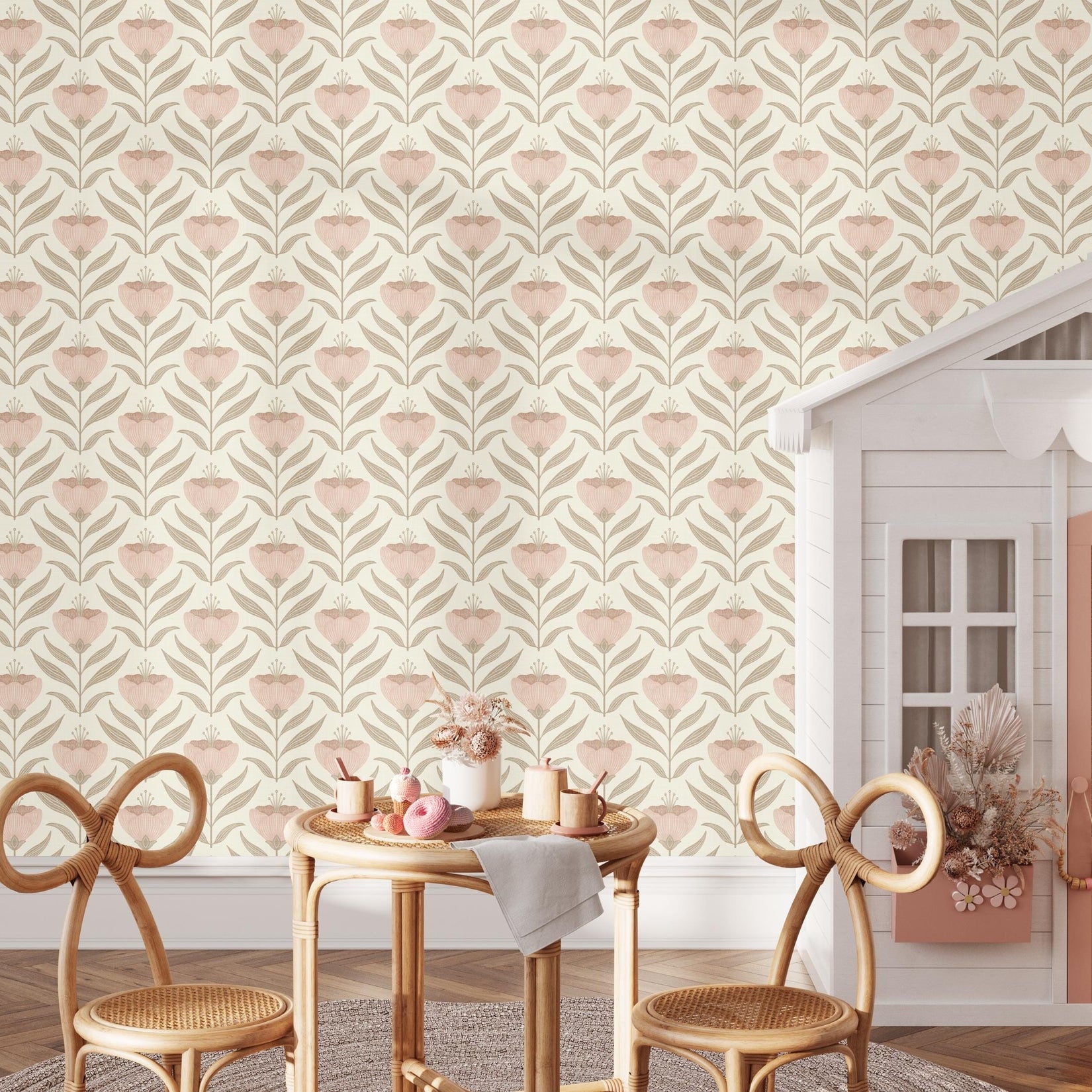 Baby Girl Nursery Wallpaper shown in Peel and Stick Removable or prepasted. This French Country Cottage style print features Whimsical Pink Pastel widflowers for a Vintage botanical garden look. Perfect for toddler, kid or Teen Tween Bedroom