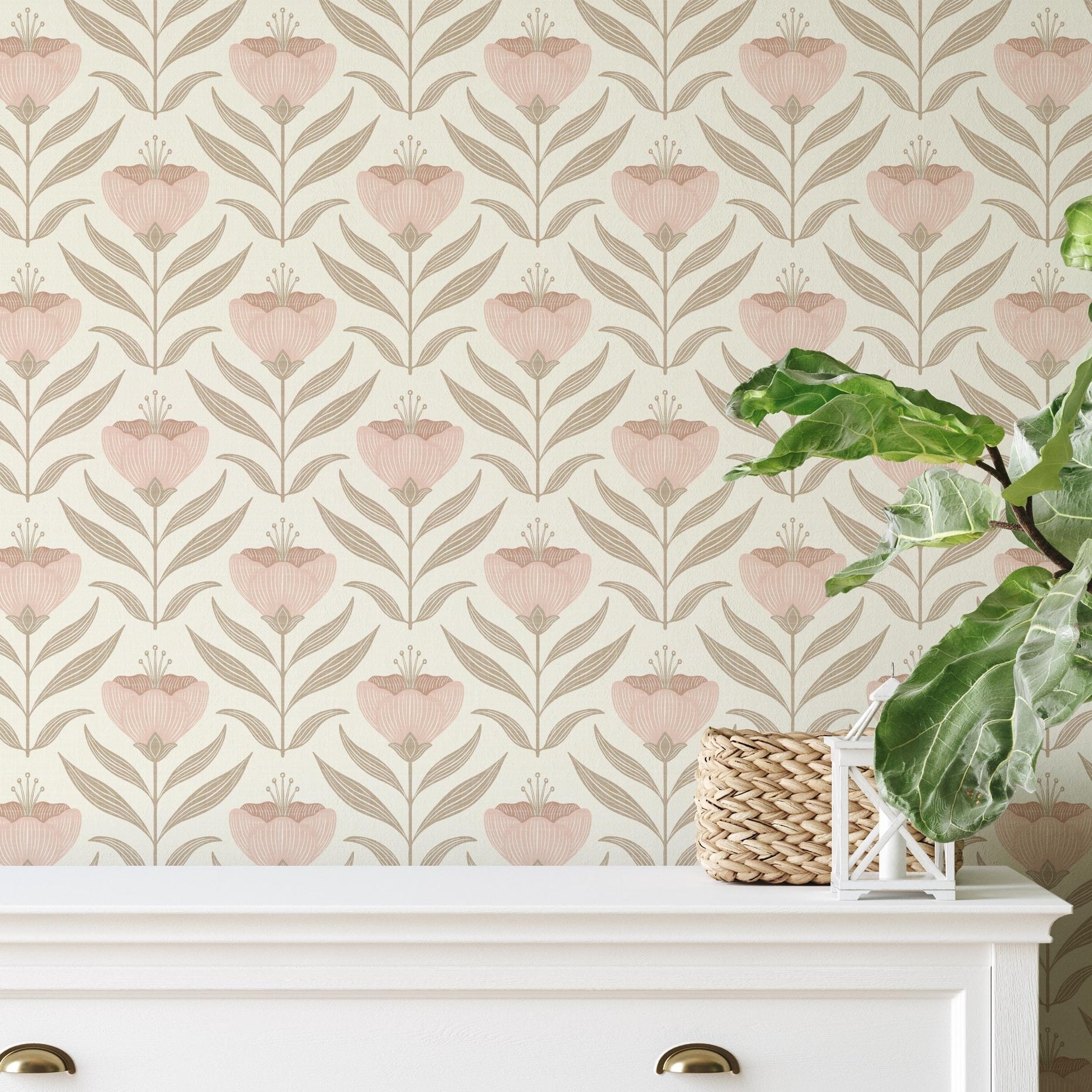 Baby Girl Nursery Wallpaper shown in Peel and Stick Removable or prepasted. This French Country Cottage style print features Whimsical Pink Pastel widflowers for a Vintage botanical garden look. Perfect for toddler, kid or Teen Tween Bedroom