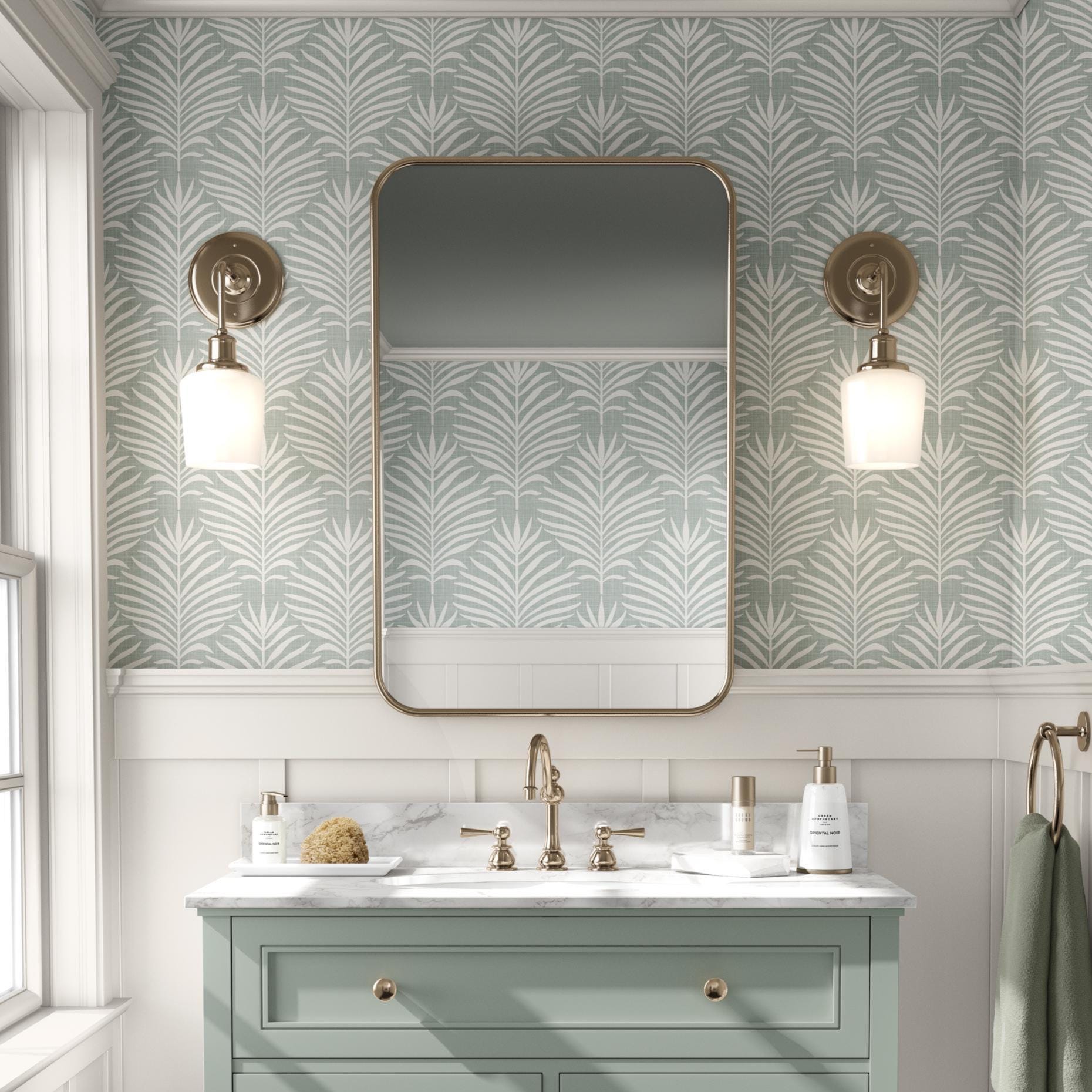 Boho Tropical Peel and Stick Wallpaper shown in peel and stick or pre-pasted. Neutral Blue Green Botanical Palm Leaf perfect for Modern Coastal interiors, baby nursery, bathroom or powder room.