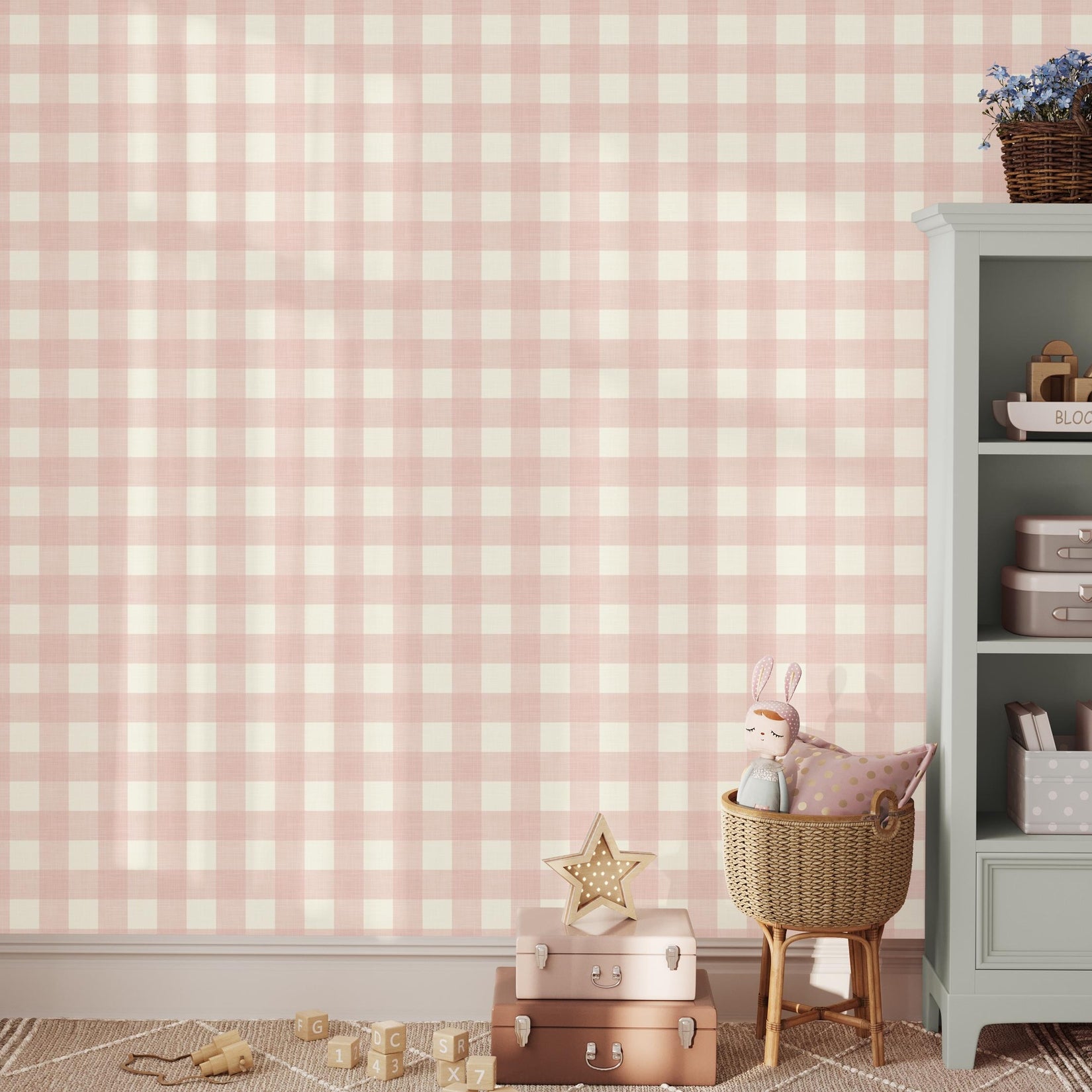 Blush pink gingham wallpaper, peel and stick or pre-pasted. Preppy plaid print for baby girl nursery, girly teen or tween bedroom, or modern farmhouse wall. Classic print that works for french country, cottagecore, and grandmillennial style spaces.