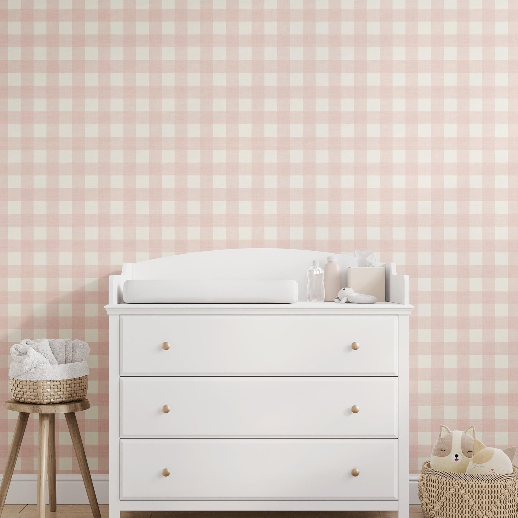 Blush pink gingham wallpaper, peel and stick or pre-pasted. Preppy plaid print for baby girl nursery, girly teen or tween bedroom, or modern farmhouse wall. Classic print that works for french country, cottagecore, and grandmillennial style spaces.