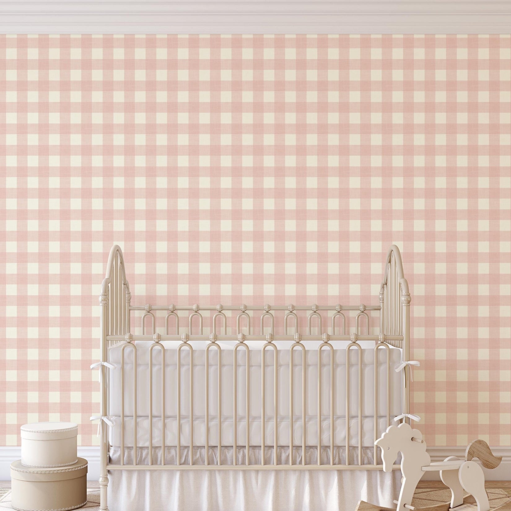 Blush pink gingham wallpaper, peel and stick or pre-pasted. Preppy plaid print for baby girl nursery, girly teen or tween bedroom, or modern farmhouse wall. Classic print that works for french country, cottagecore, and grandmillennial style spaces.
