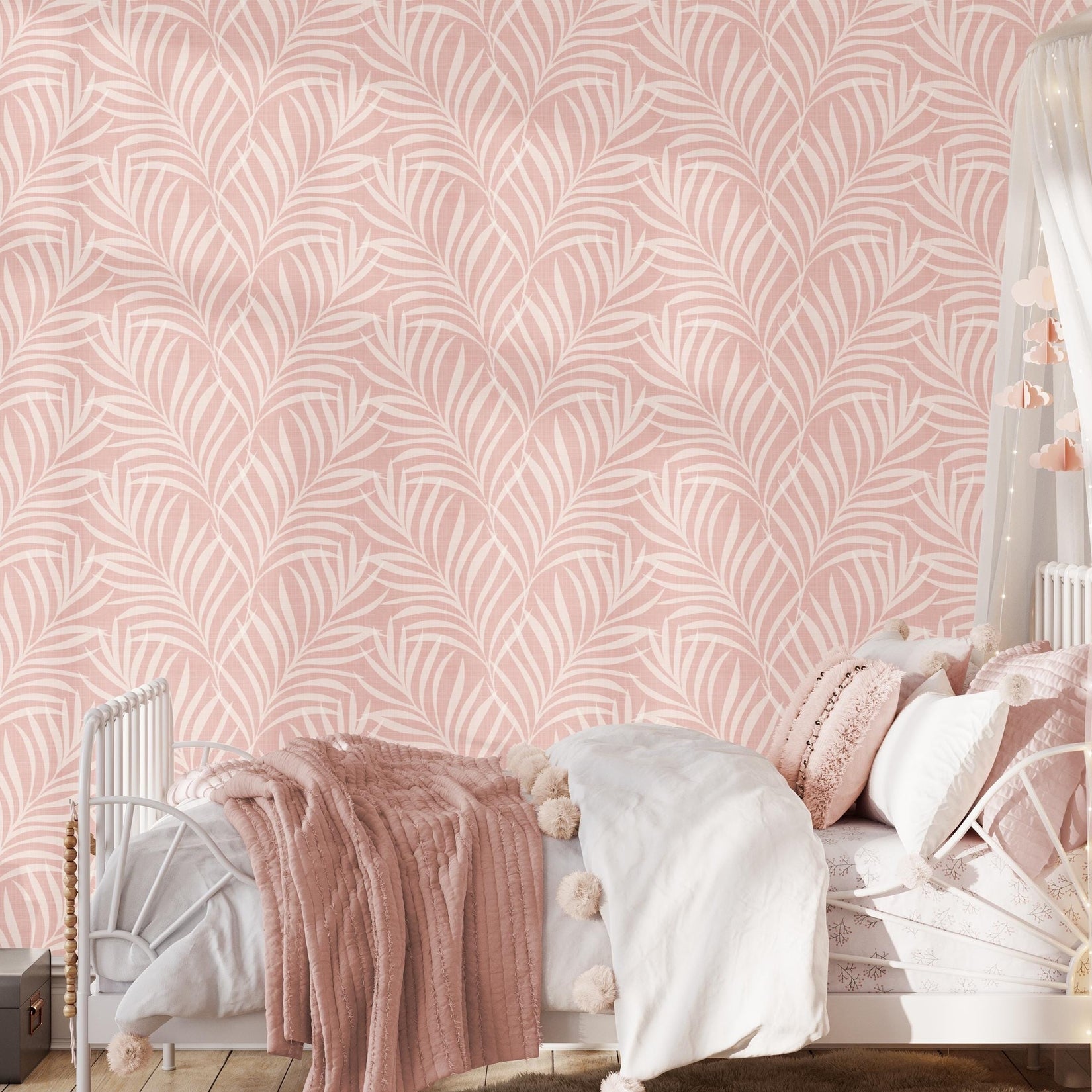 Boho Tropical Pink Peel and Stick Wallpaper with palm frond leaves. Shown in removable peel and stick or pre-pasted, this is a perfect palm springs print for baby girl nursery, teen tween room, or kids bathroom.